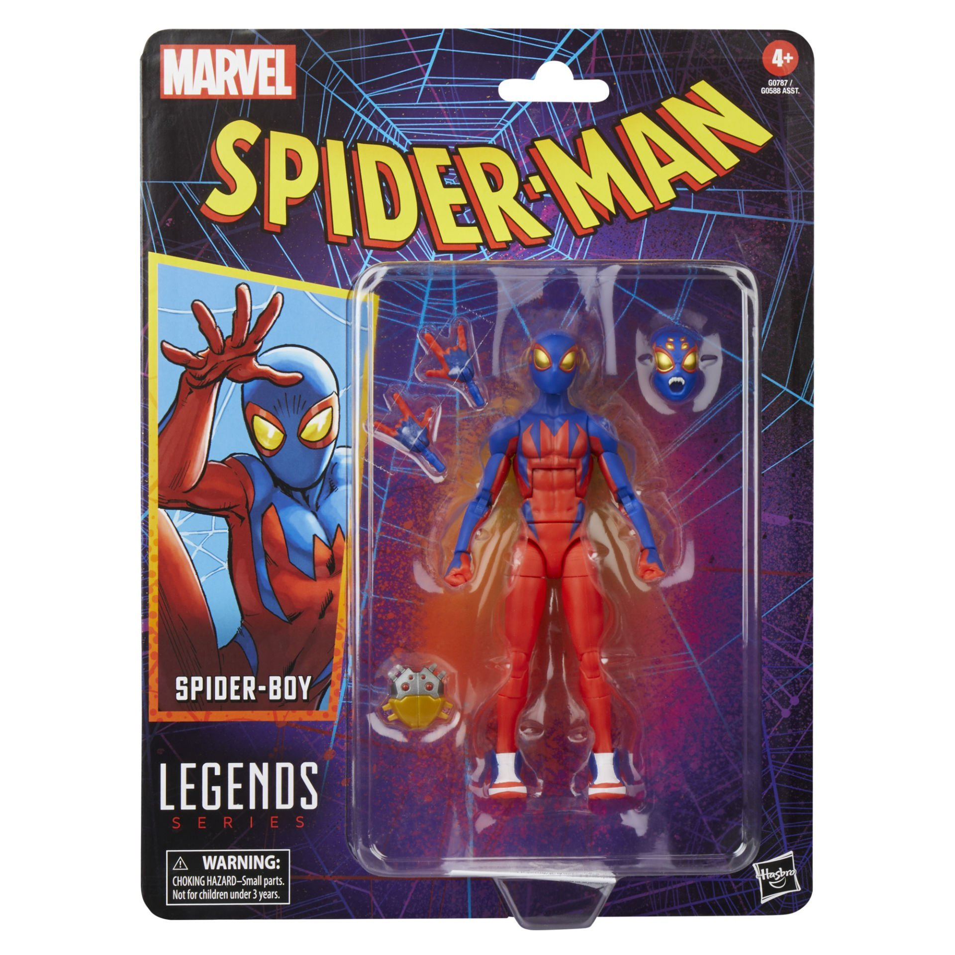 Bir Spider-Man aksiyon figürü ambalajında. Figür, örümcek tasarımlı mavi ve kırmızıdır. Ambalajda Marvel ve Spider-Man yazıyor.