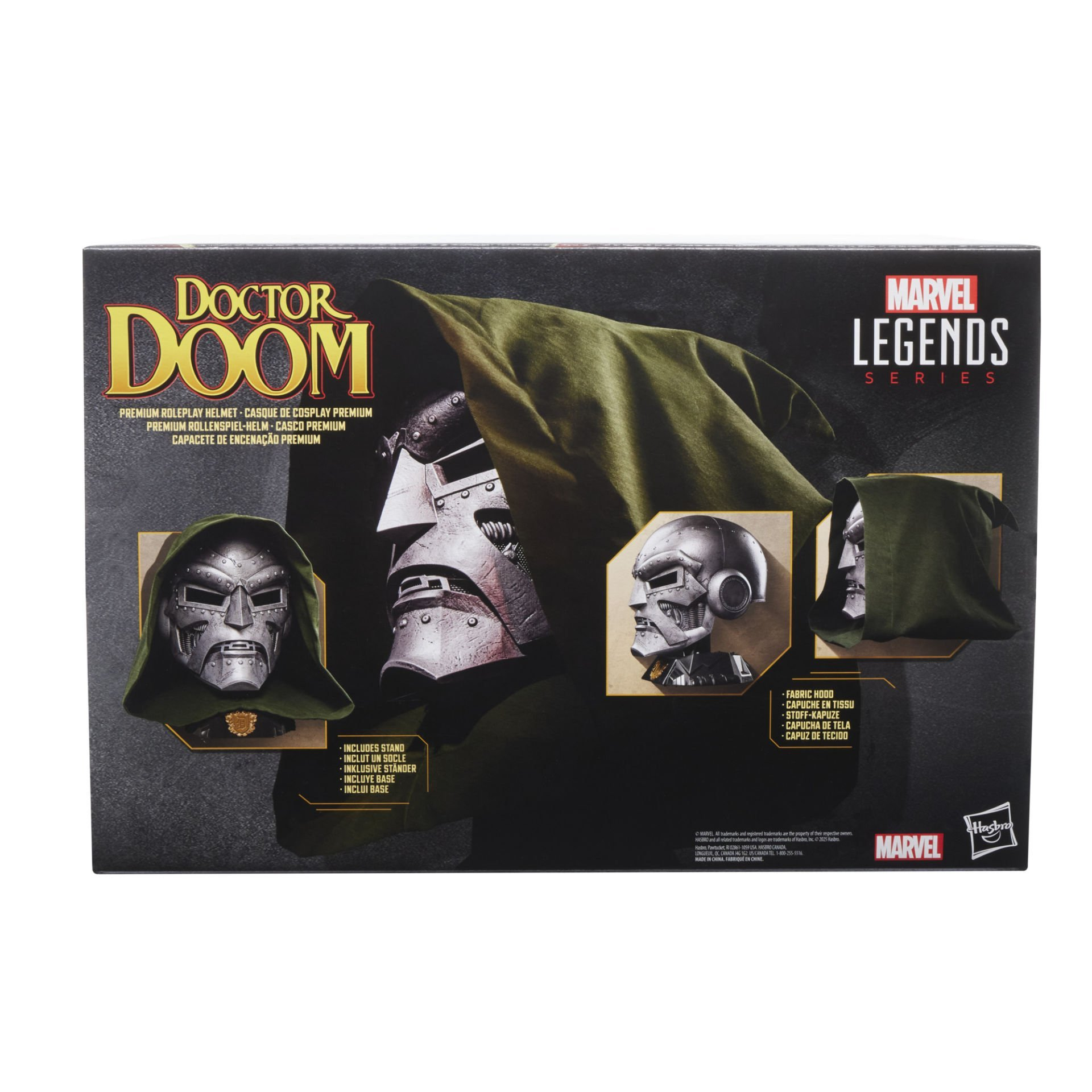 Doctor Doom kask kutusu resmi. Kask, başlık ve ürün detayları içerir. Marvel Legends serisi. Siyah arka plan.