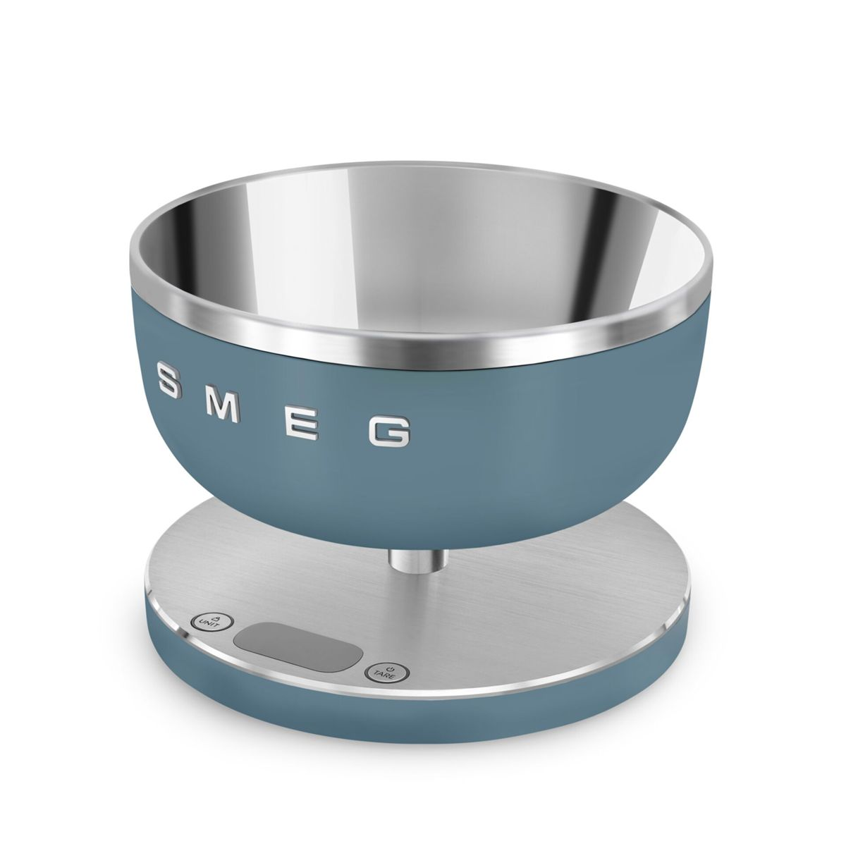Una báscula de cocina SMEG azul con un cuenco de acero inoxidable. Tiene botones con las etiquetas 'Unit' y 'Tare'. El cuenco está vacío.