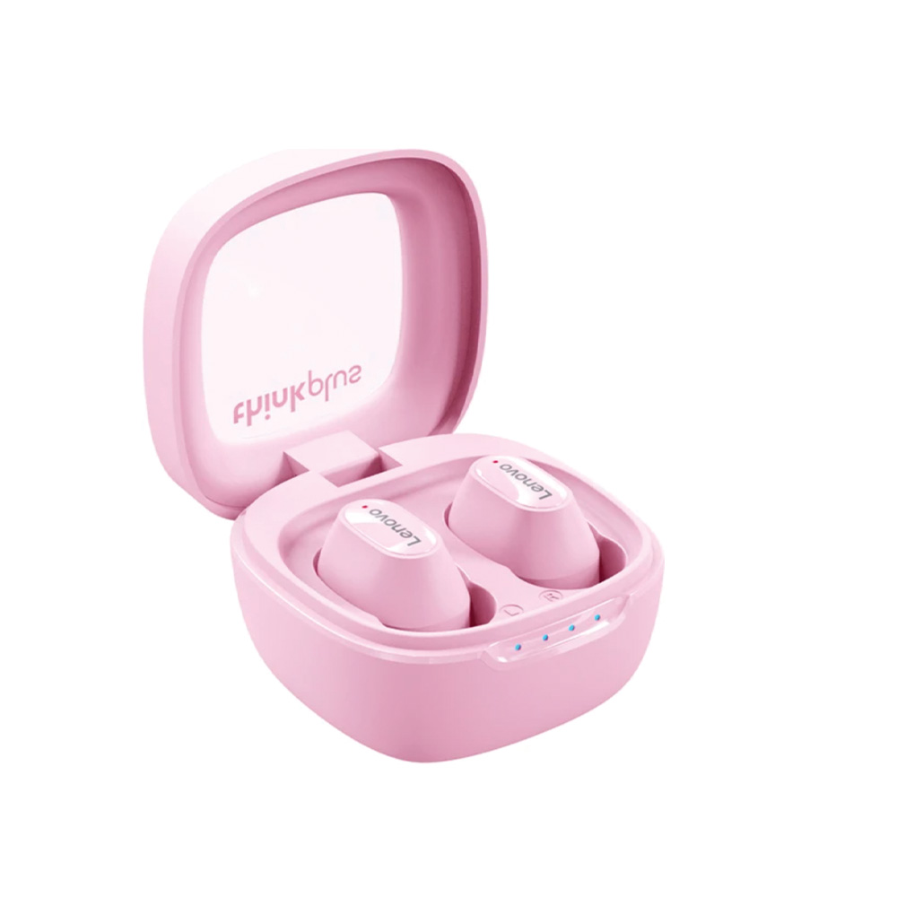 Açık bir kutuda pembe Lenovo kulaklıklar. Kutu kapağında 'pinkbrne' kelimesi ters yazıyor. Kutu beyaz bir arka plan üzerinde.