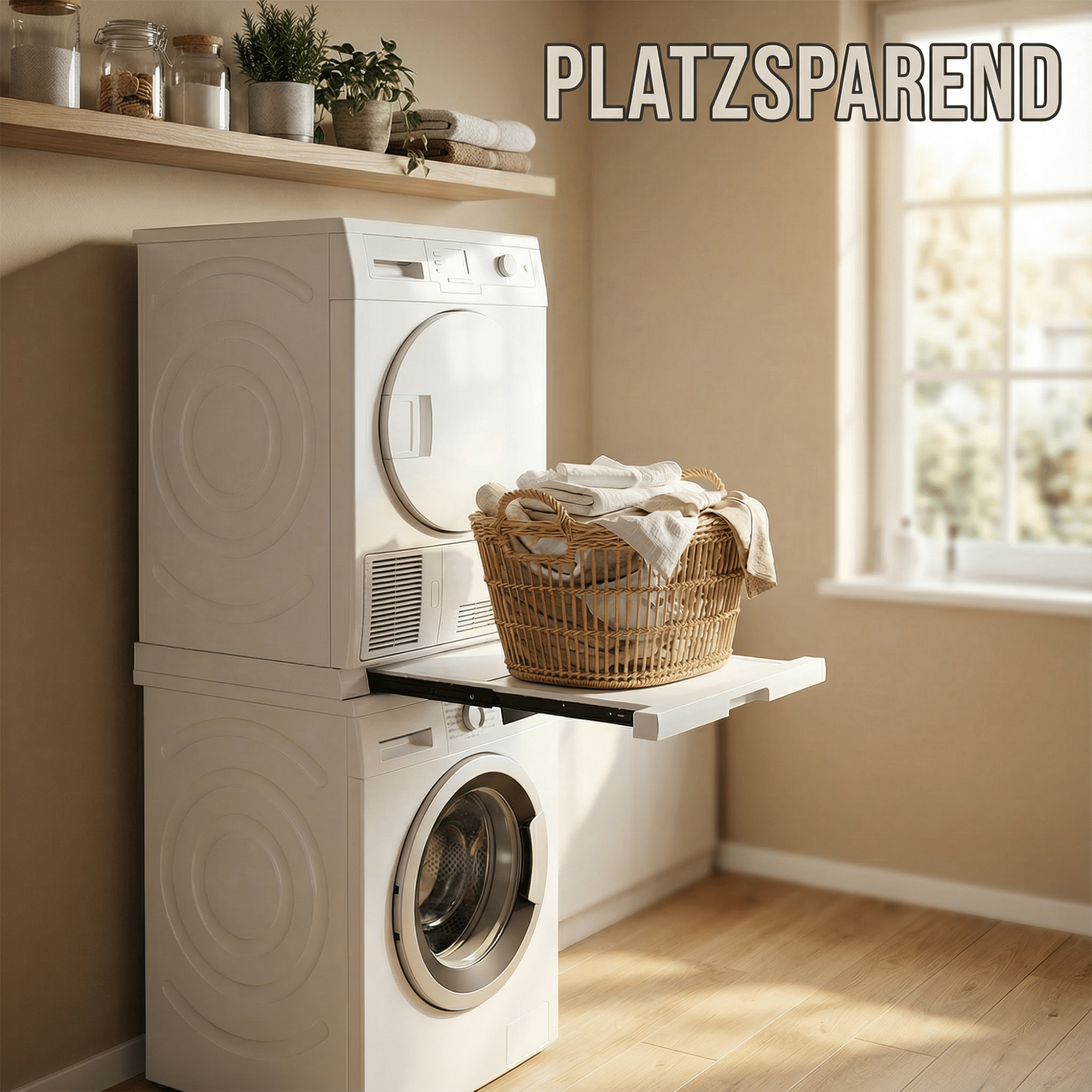 Gestapelte Waschmaschine und Trockner mit Wäschekorb auf ausziehbarer Ablage. Pflanzen und Gläser auf dem Regal darüber.