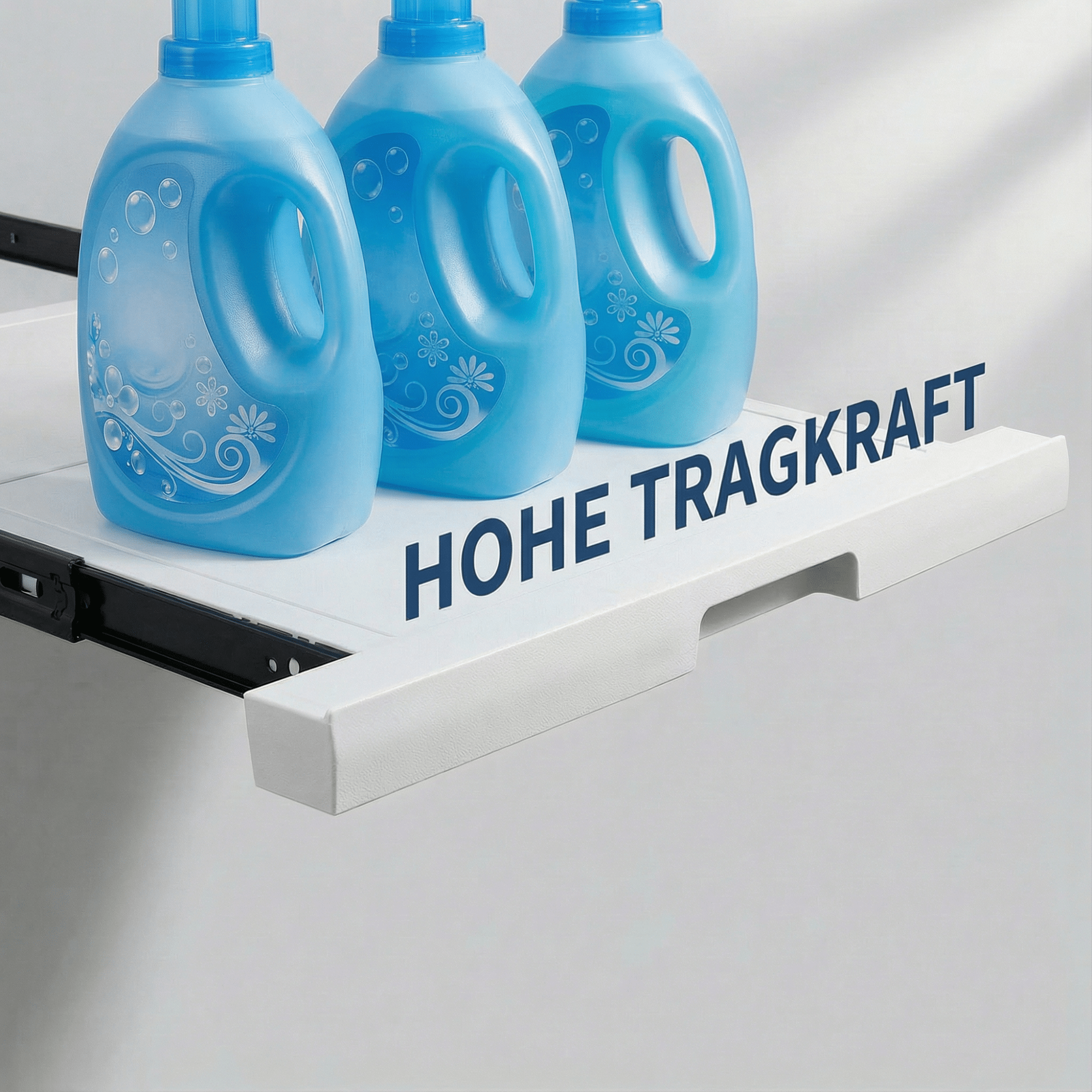 Drei blaue Waschmittelflaschen auf einem weißen Regal. Auf dem Regal steht 'HOHE TRAGKRAFT'.