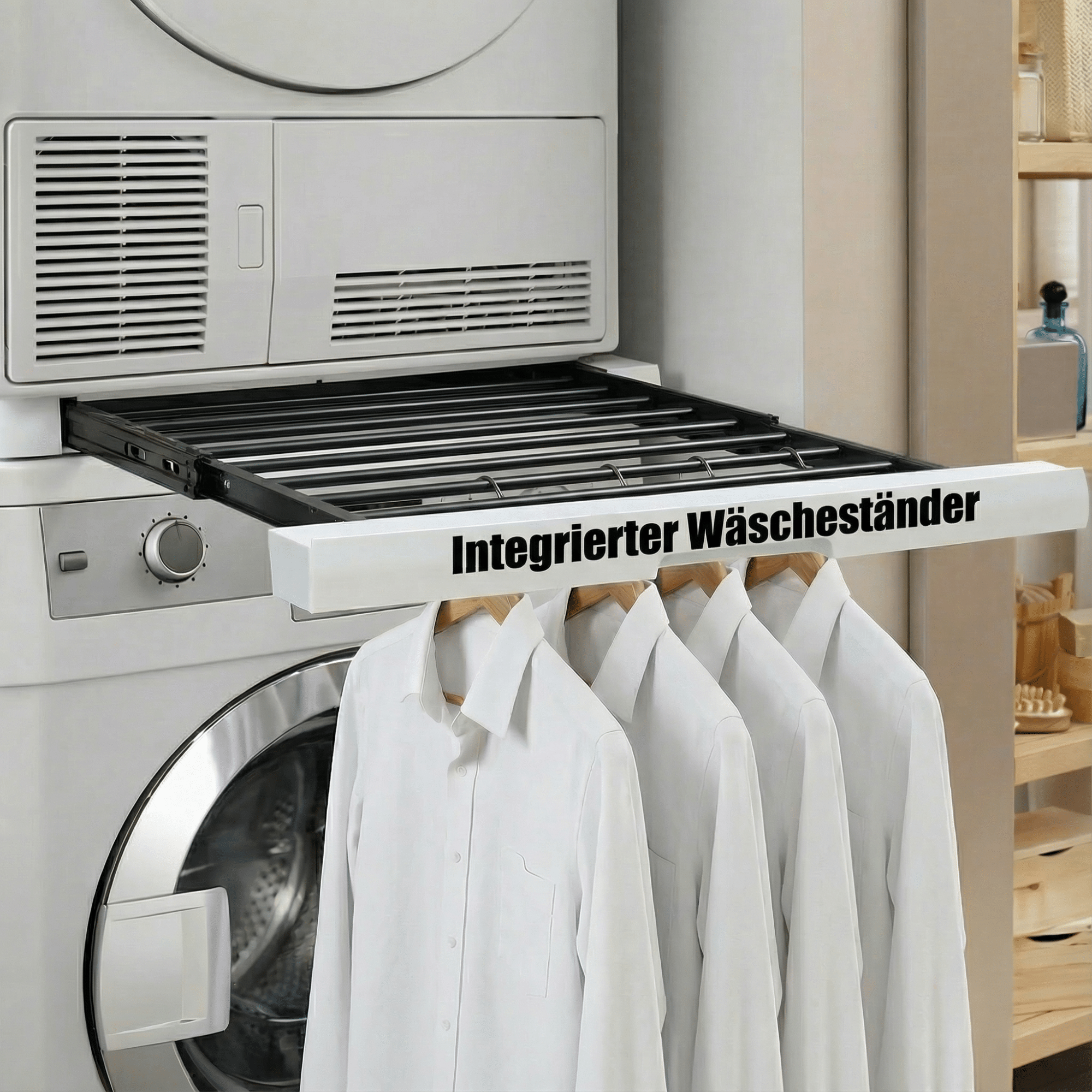 Eine weiße Waschmaschine-Trockner-Kombination mit einem integrierten Wäscheständer mit weißen Hemden. Der Text lautet 'Integrierter Wäscheständer'.