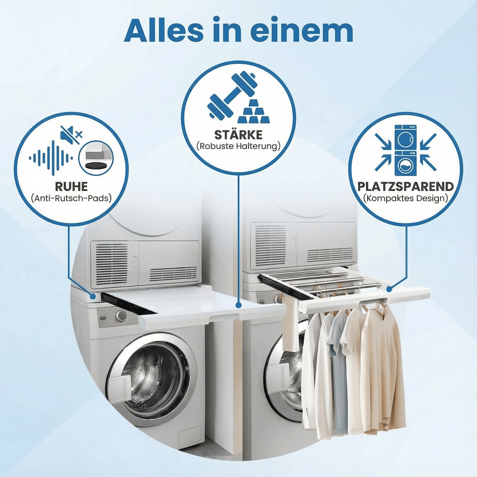 Das Bild zeigt Waschmaschinen mit Diagrammen, die Funktionen anzeigen: Anti-Rutsch-Pads, robuste Halterung und kompaktes Design. Kleidung hängt.