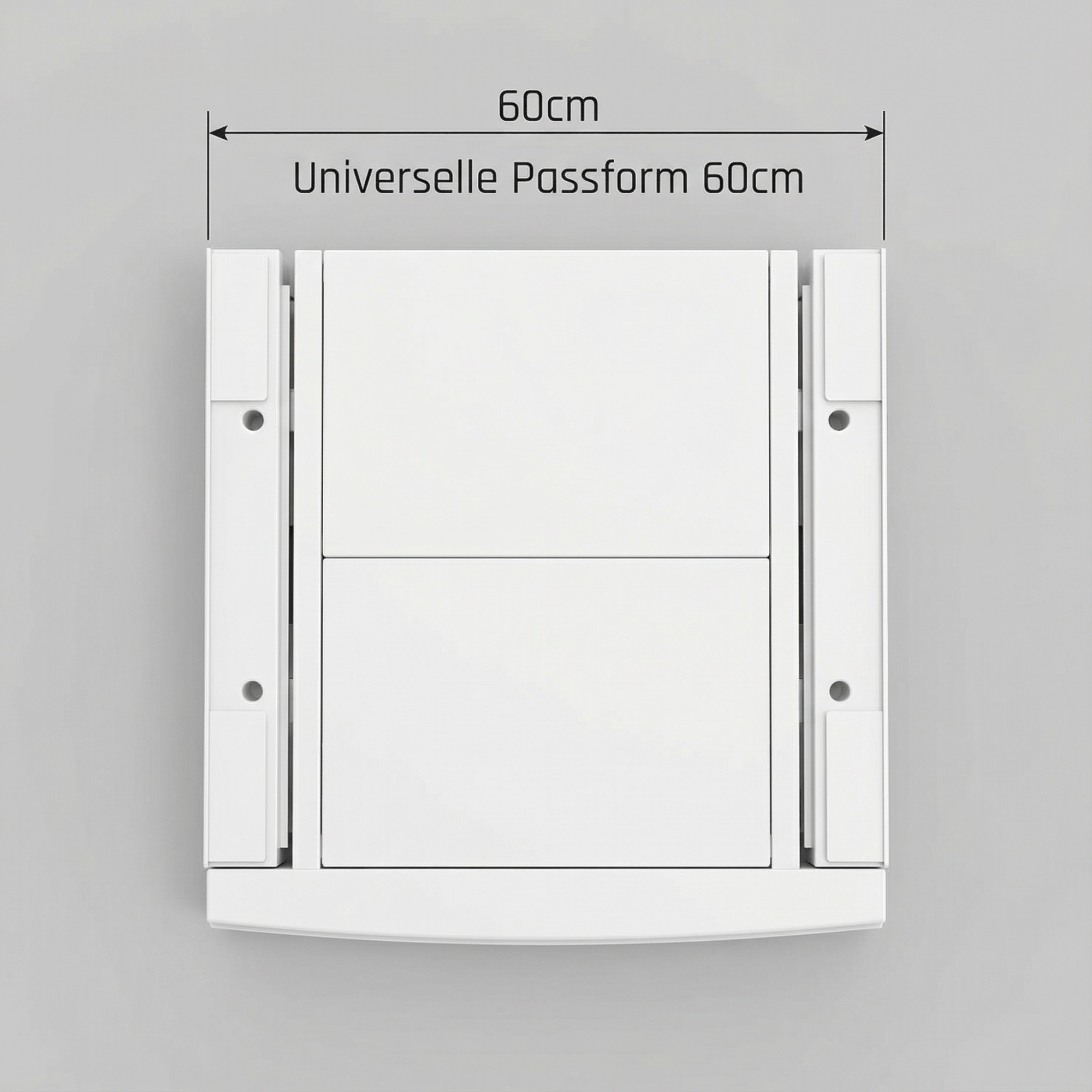 Ein weißer rechteckiger Schrank mit einem 60-cm-Messetikett vor grauem Hintergrund.