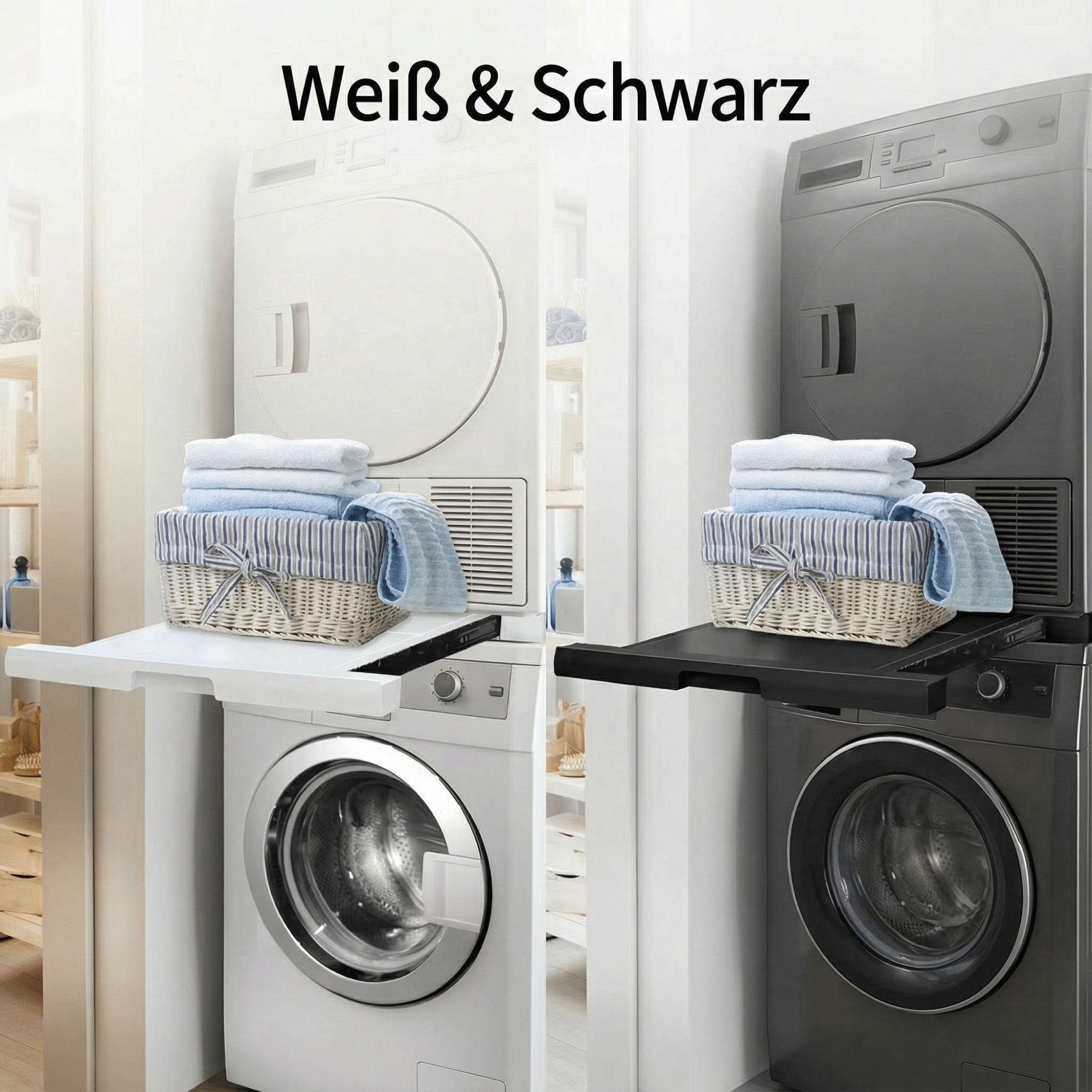 Zwei Waschmaschinen, eine weiße, eine graue, mit einem Korb mit Handtüchern oben, Text 'Weiß & Schwarz'.