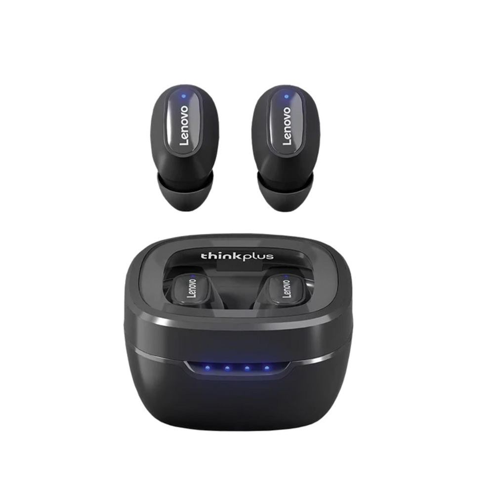 Siyah Lenovo Thinkplus kulaklıklar ve şarj kutusu. İki kulaklık yukarıda, kutu aşağıda. Kutuda mavi ışıklar.