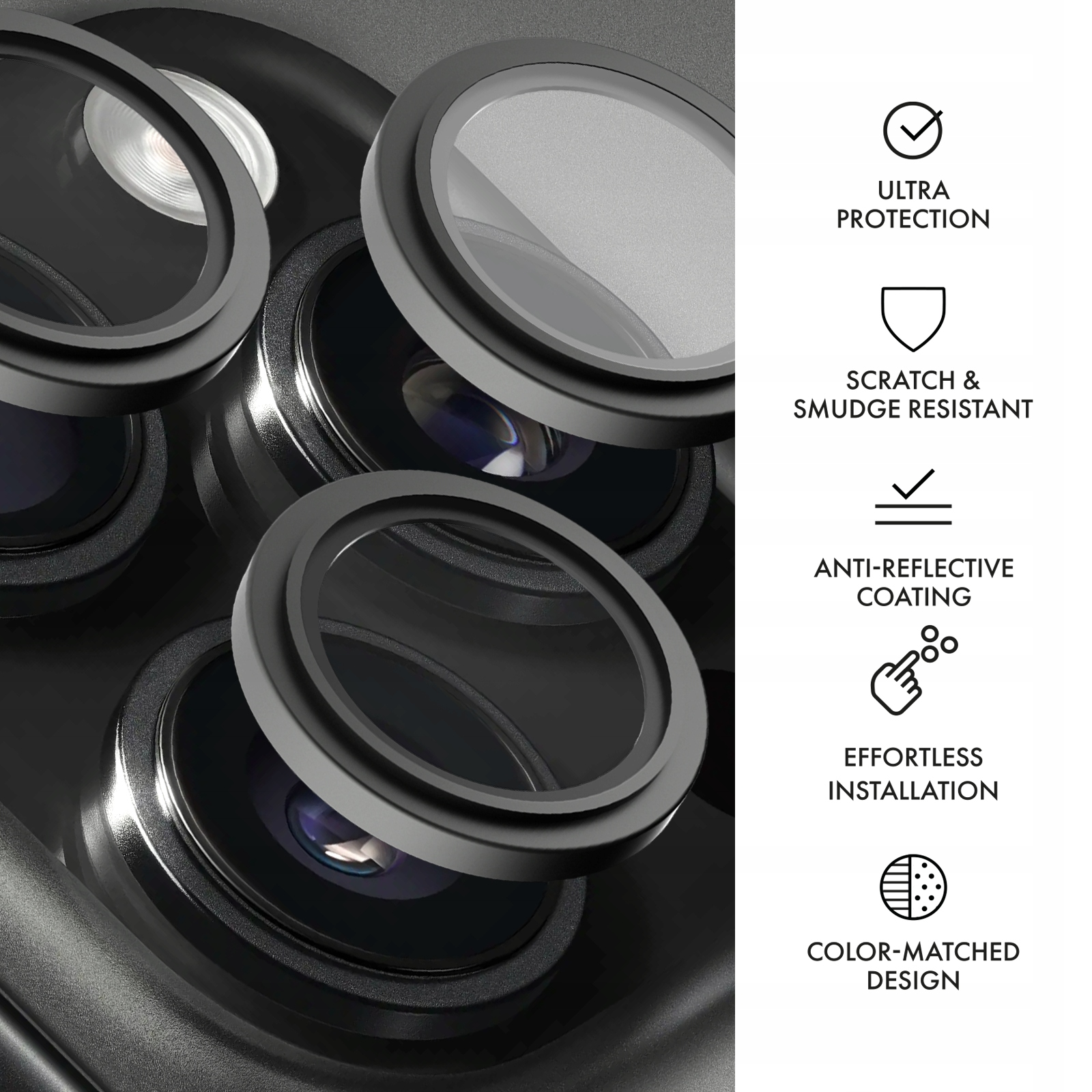 Zbliżenie czarnych osłon obiektywów aparatu. Funkcje obejmują ultra ochronę, odporność na zarysowania, powłokę antyrefleksyjną i łatwą instalację.