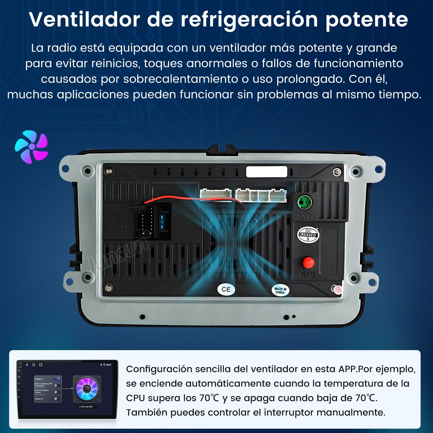 Radio de coche con ventilador, pantalla pequeña y texto en español. El ventilador evita el sobrecalentamiento y fallos.