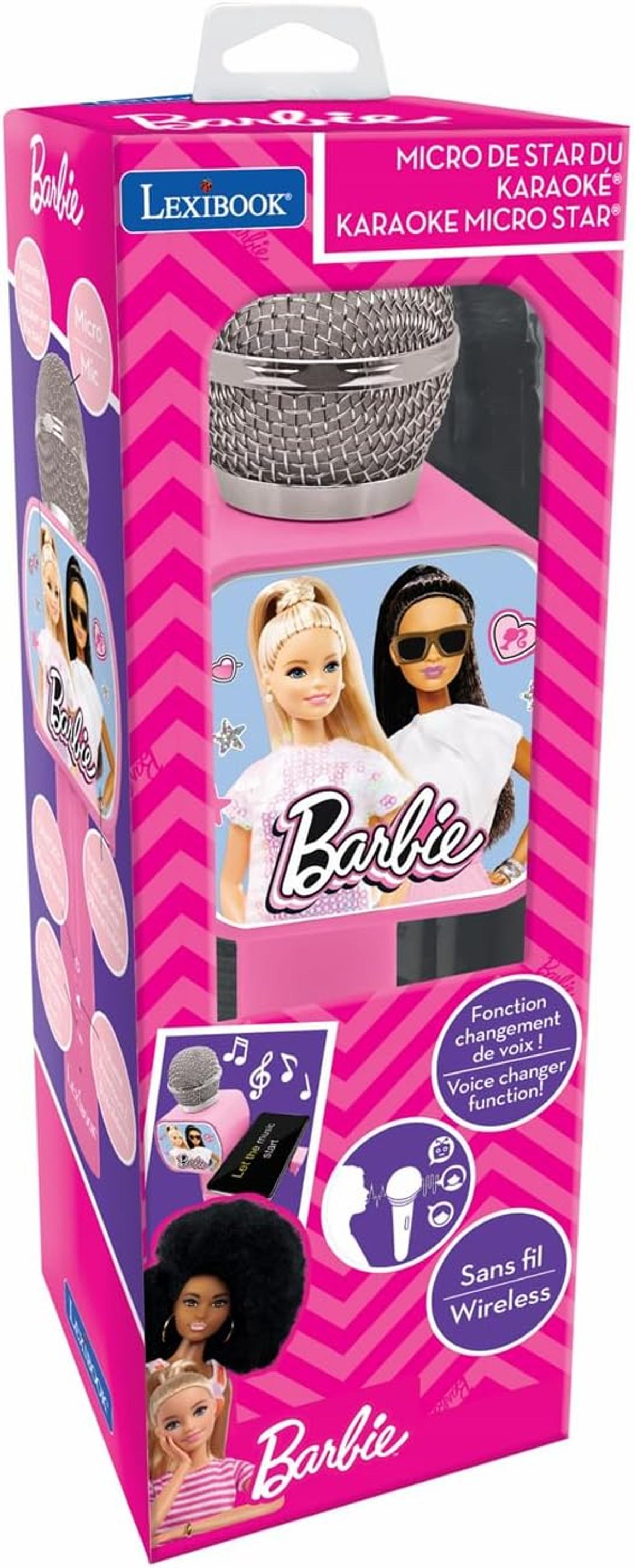 Scatola del microfono karaoke Barbie. Ha un design rosa e bianco con bambole Barbie e testo. Il microfono è argentato.