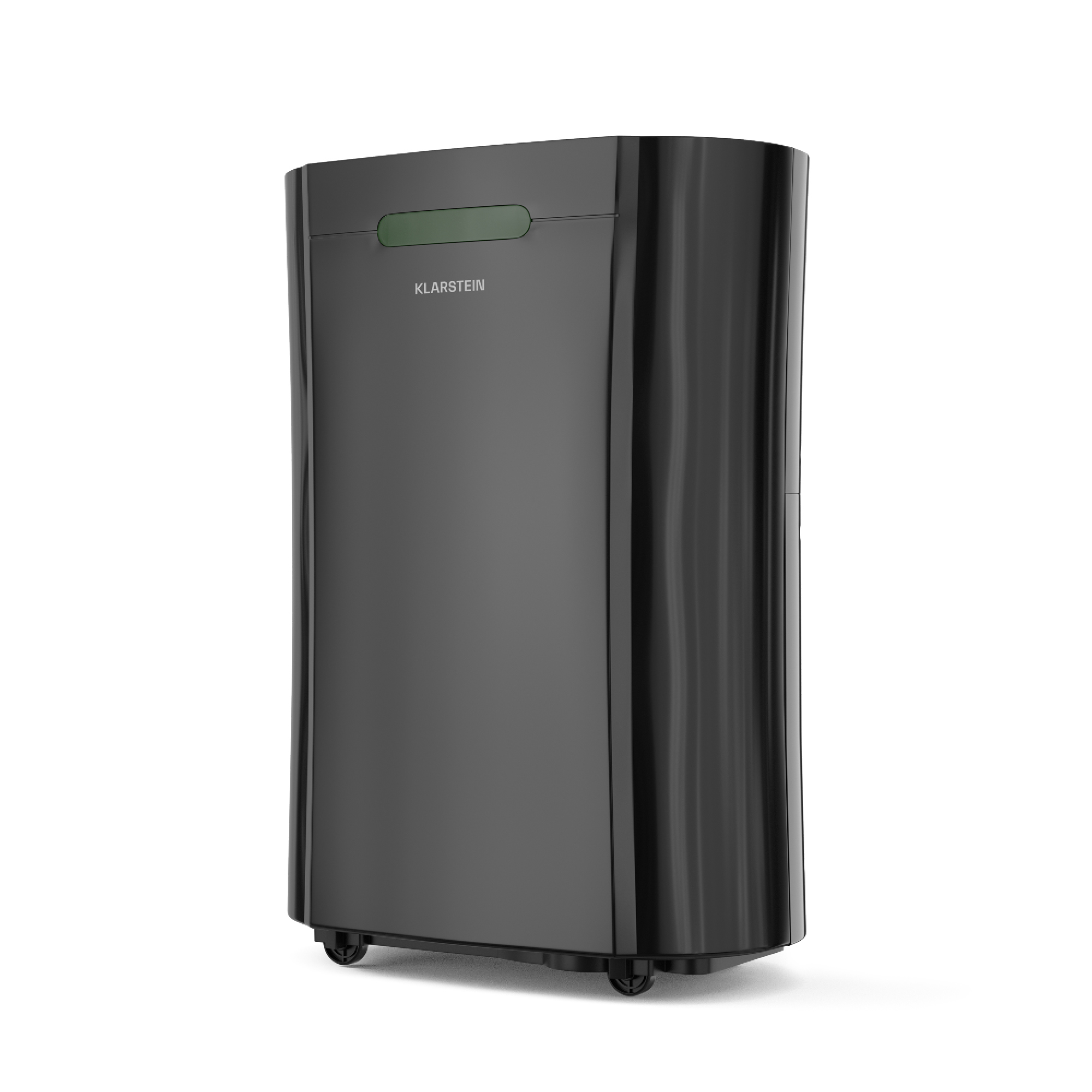 Purificatore d'aria Klarstein nero, design curvo. Ha un pannello verde in alto. Poggia su piccole ruote.