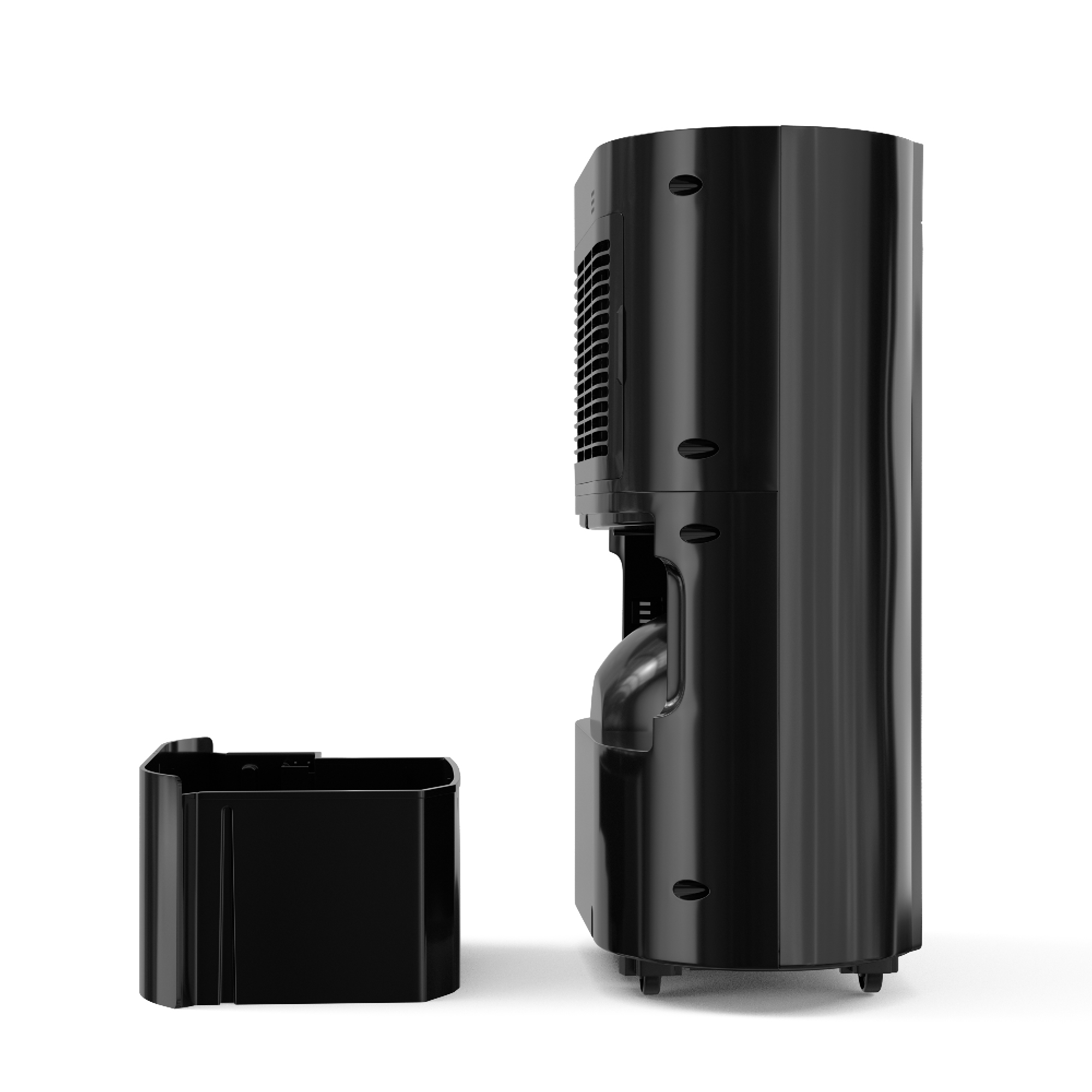Un purificatore d'aria nero, con un contenitore filtro nero separato, su sfondo bianco.