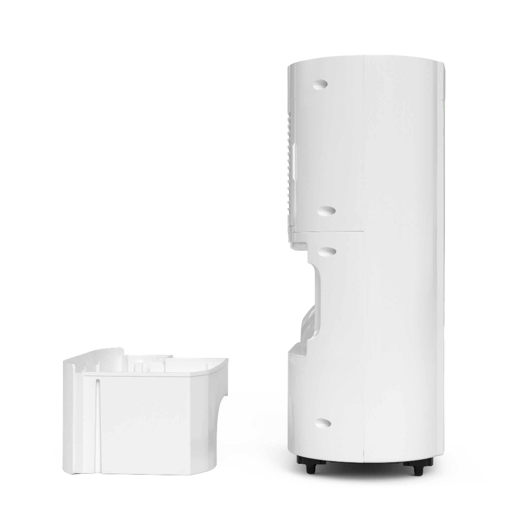 Un purificatore d'aria bianco con un componente filtro staccato su sfondo bianco. Il purificatore ha una forma cilindrica alta.