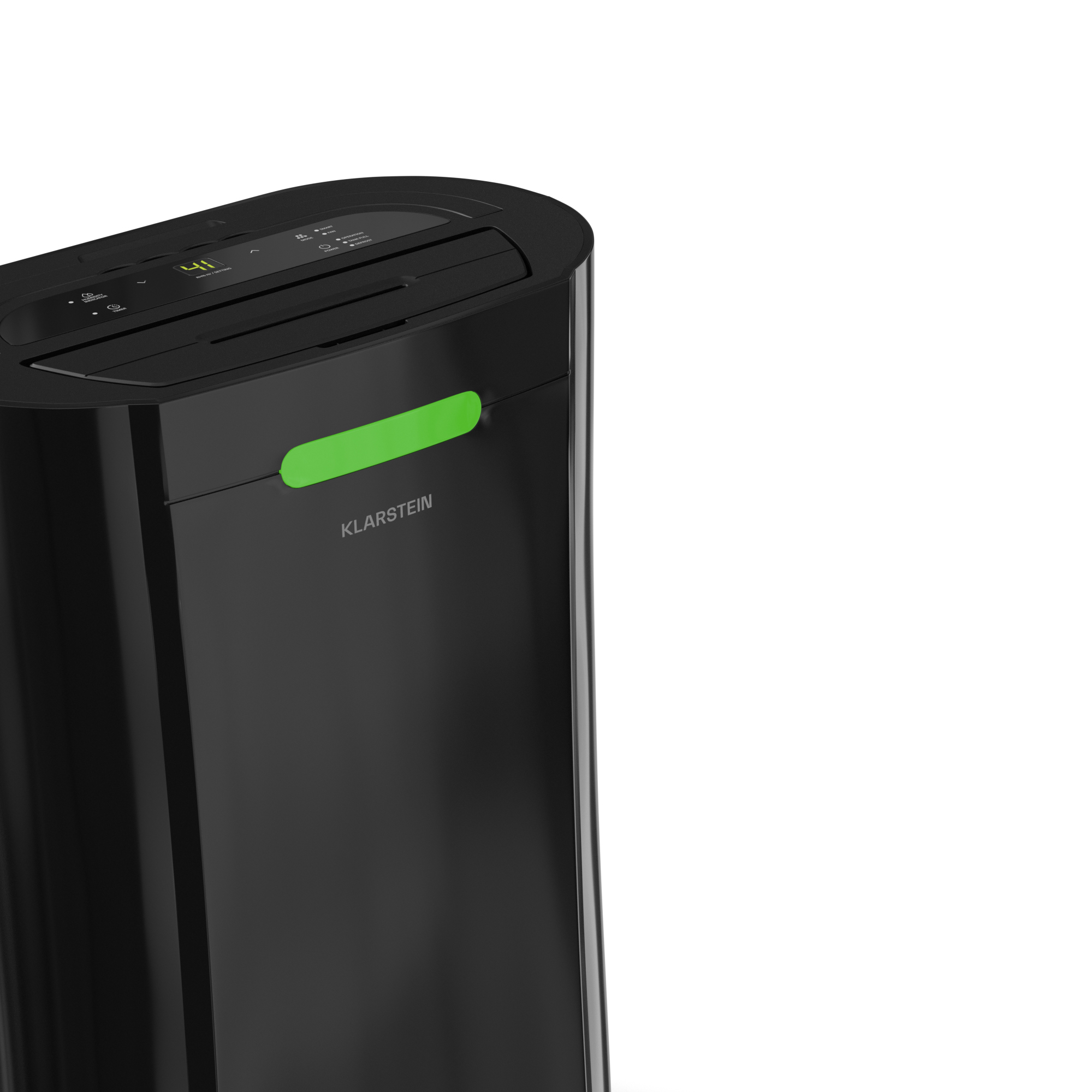 Un purificatore d'aria Klarstein nero, con un display verde che mostra 41. Lo sfondo è bianco.