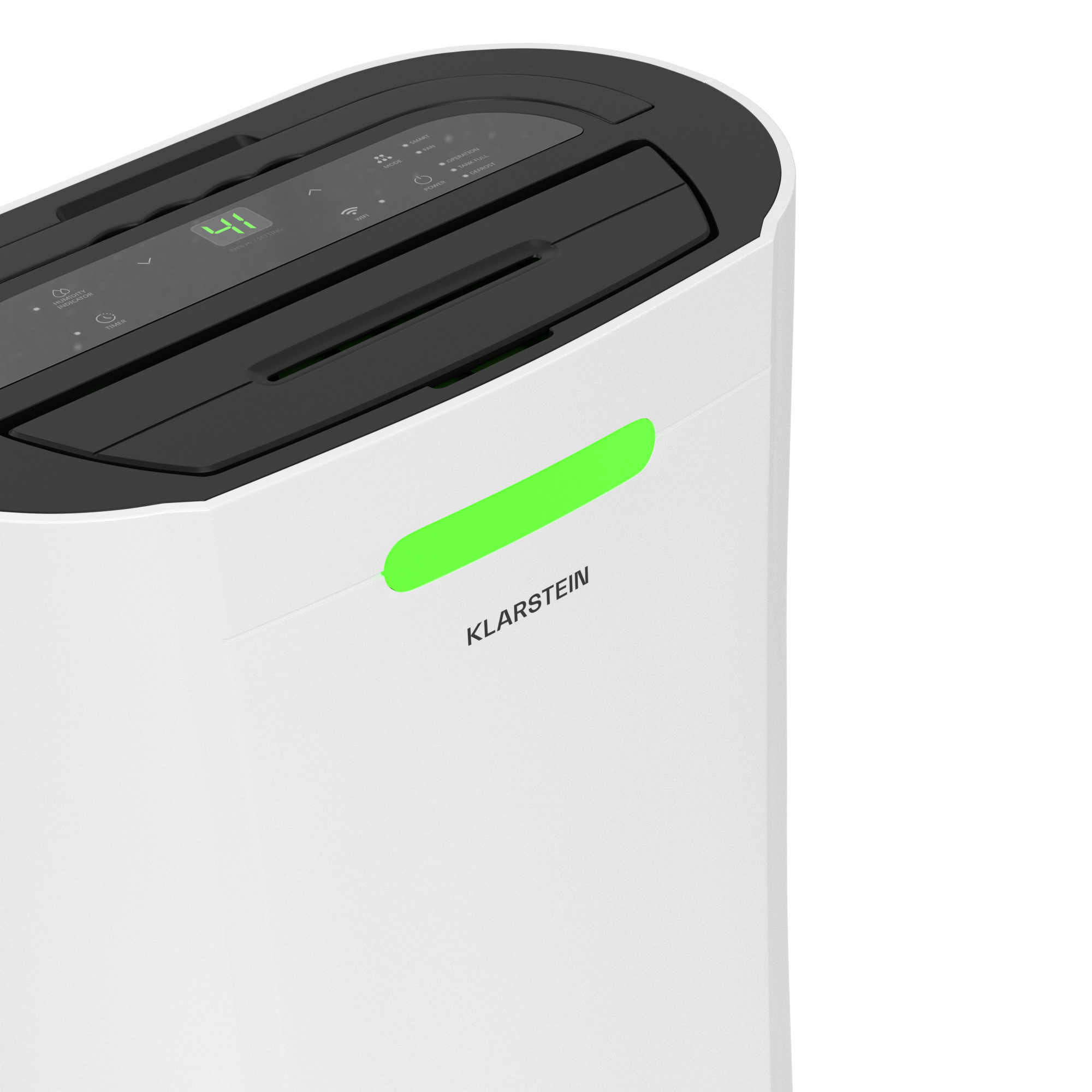 Un purificatore d'aria Klarstein bianco con un top nero. Mostra un display verde con il numero 41 e una luce verde.