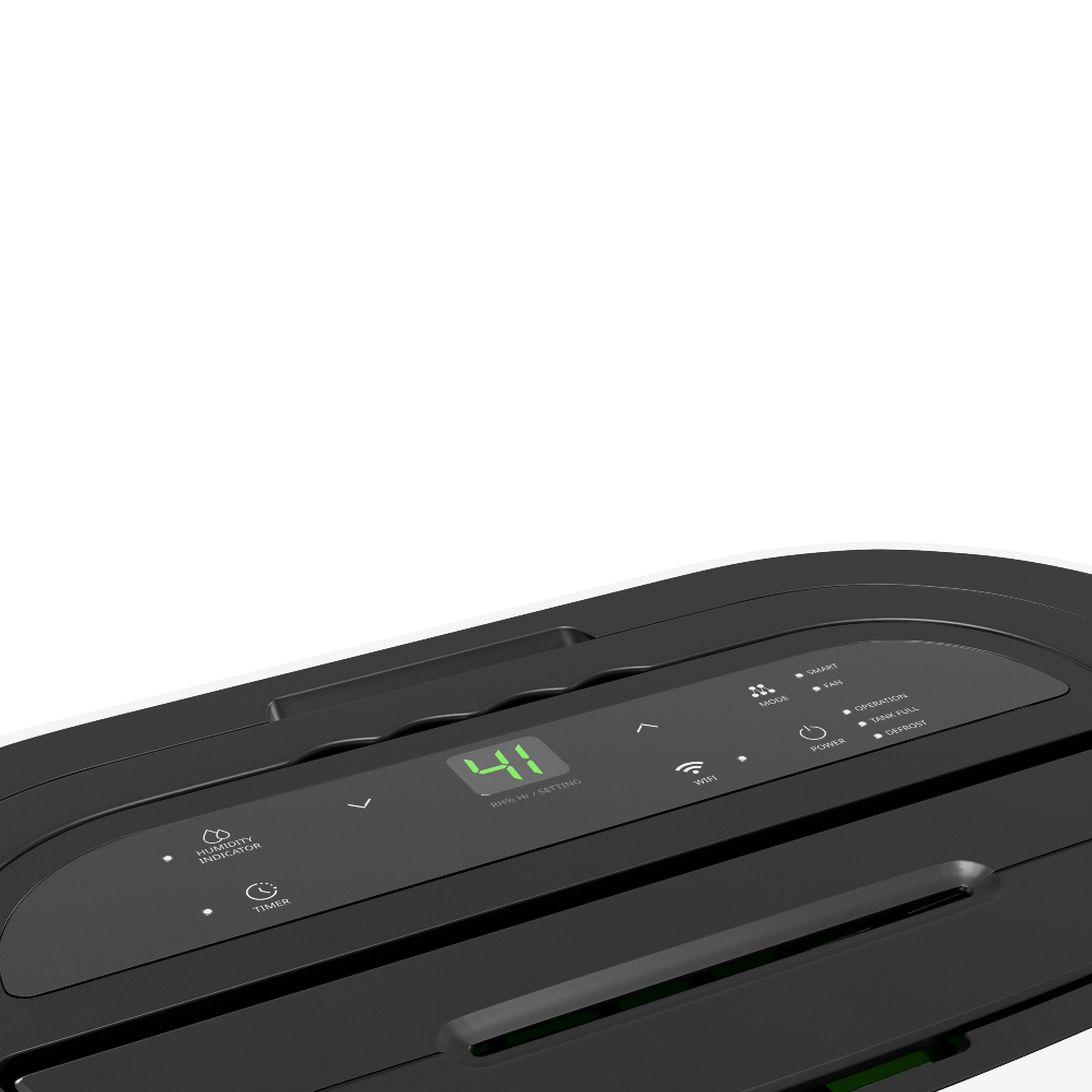 Un primo piano del pannello di controllo di un deumidificatore nero con display digitale 41. Pulsanti e icone per le impostazioni.