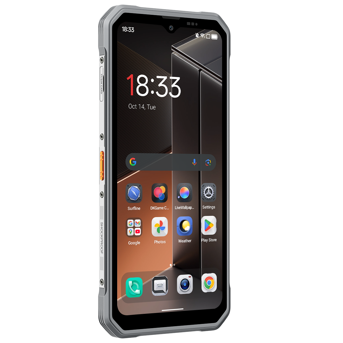 Uno smartphone robusto mostra l'ora: 18:33, 14 ott, mar. Sono visibili icone di app come Surfline, Google e Play Store.