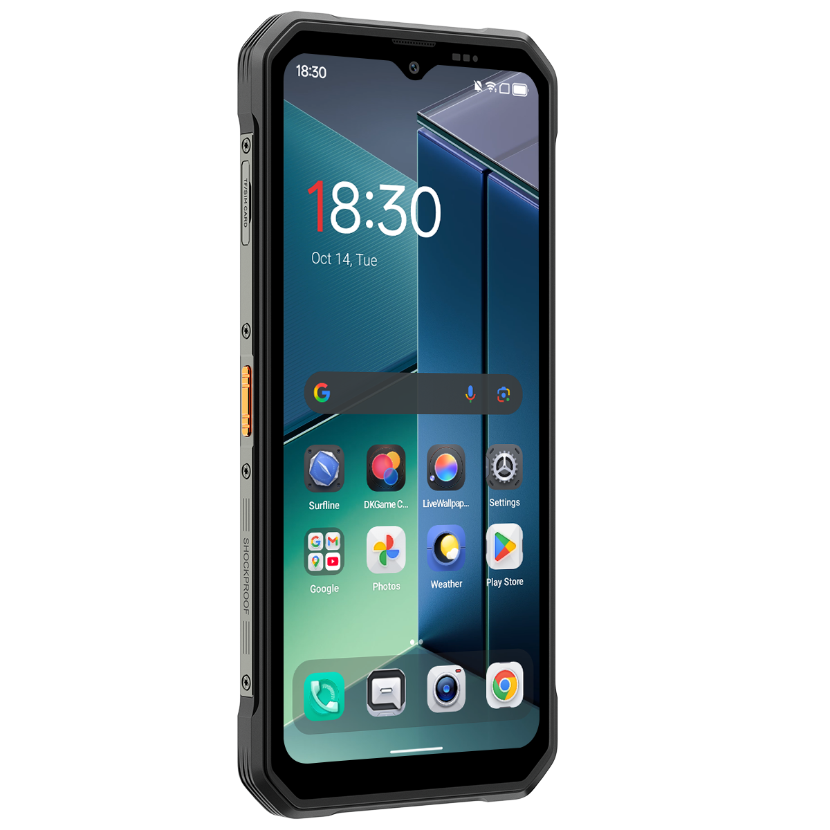 Uno smartphone robusto mostra l'ora 18:30 sullo schermo. Sono visibili le icone di app come Google, Foto e Play Store.