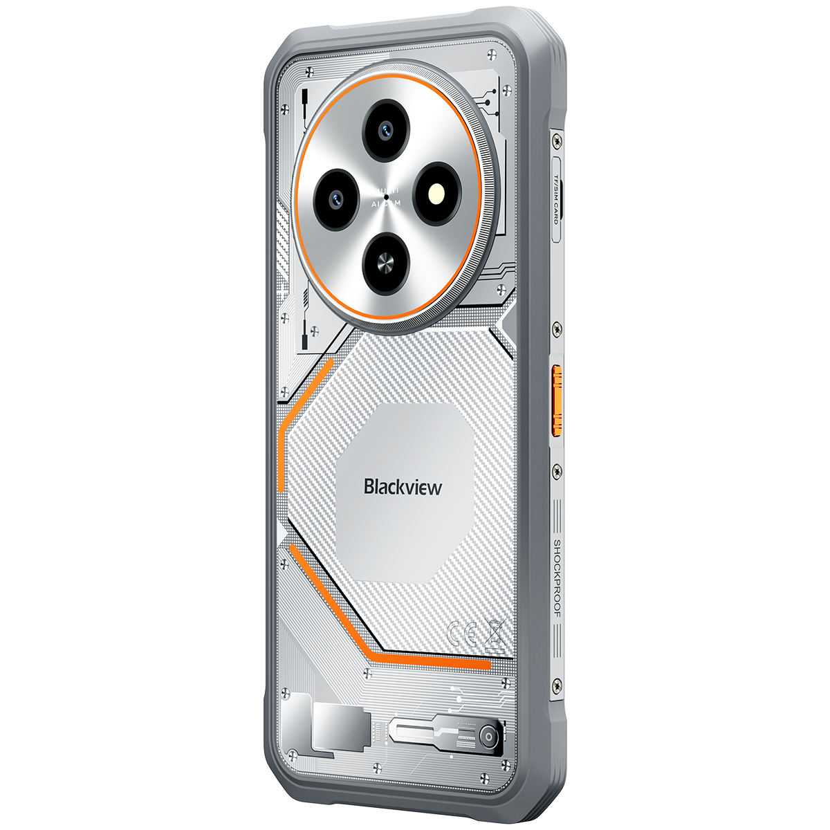 Un smartphone Blackview gris con módulo de cámara circular, detalles naranja y parte trasera transparente mostrando componentes.