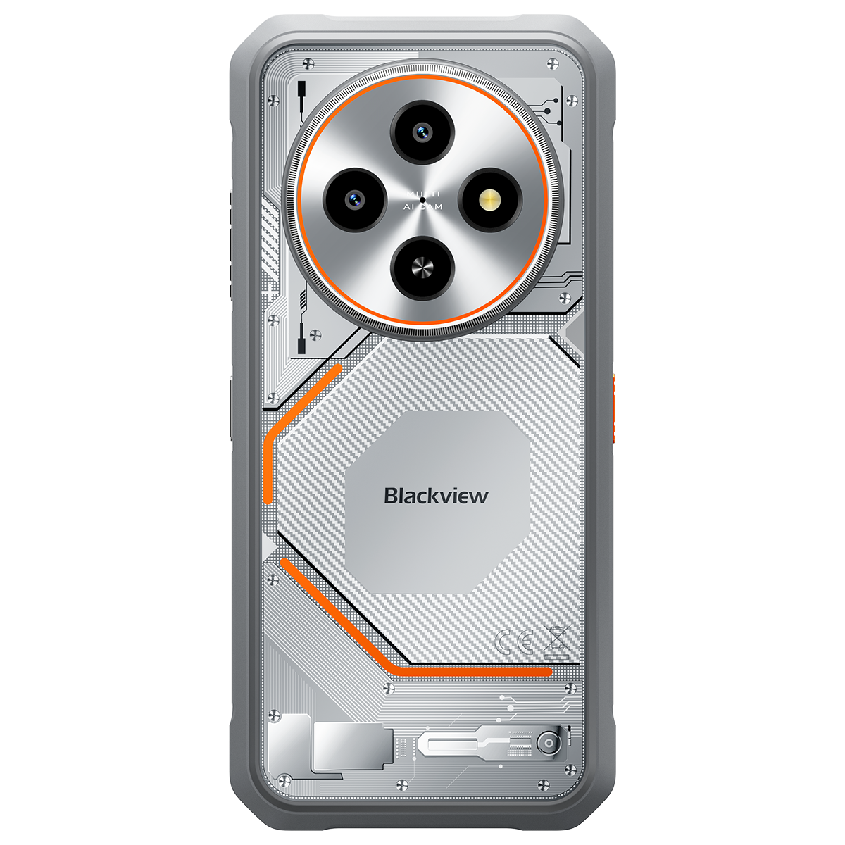Un teléfono Blackview con un diseño gris y naranja. Cuenta con tres cámaras, un flash y el nombre de la marca.