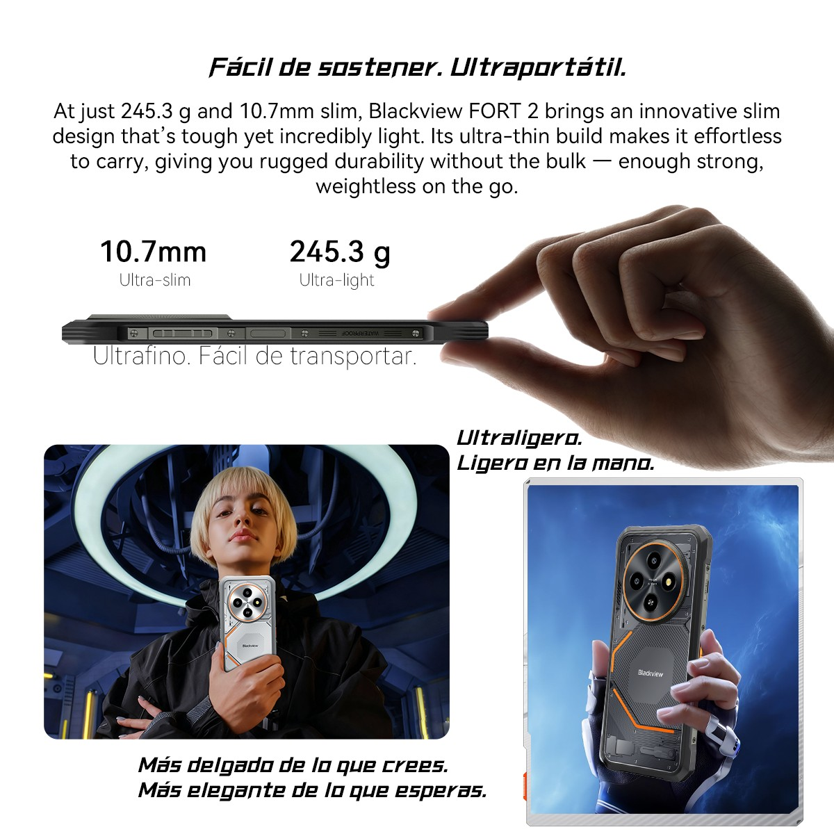 La imagen muestra un teléfono Blackview FORT 2. Hay descripciones de texto de sus características. También muestra a una persona sosteniendo el teléfono.