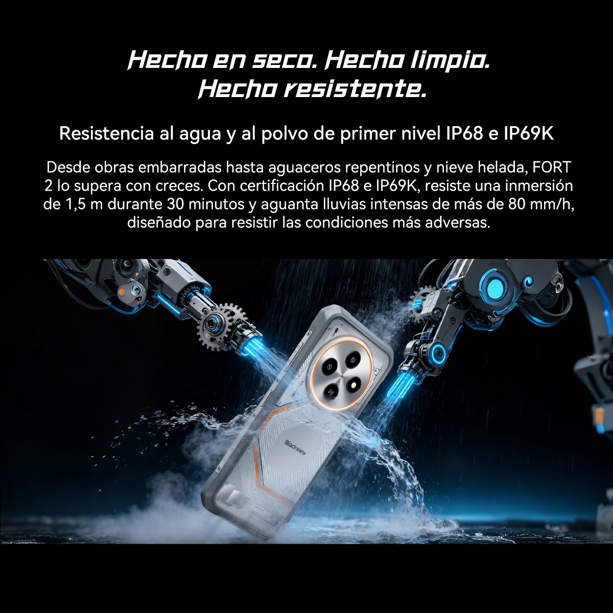 Un teléfono es rociado con agua por brazos robóticos. El teléfono es transparente y muestra componentes internos. Texto en español es visible.
