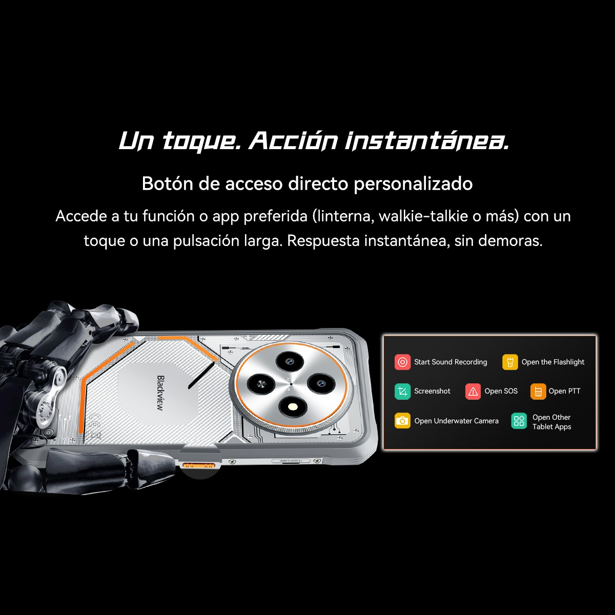 Un teléfono con cámara sobre fondo negro, con iconos de funciones y texto sobre acceso rápido y funciones.