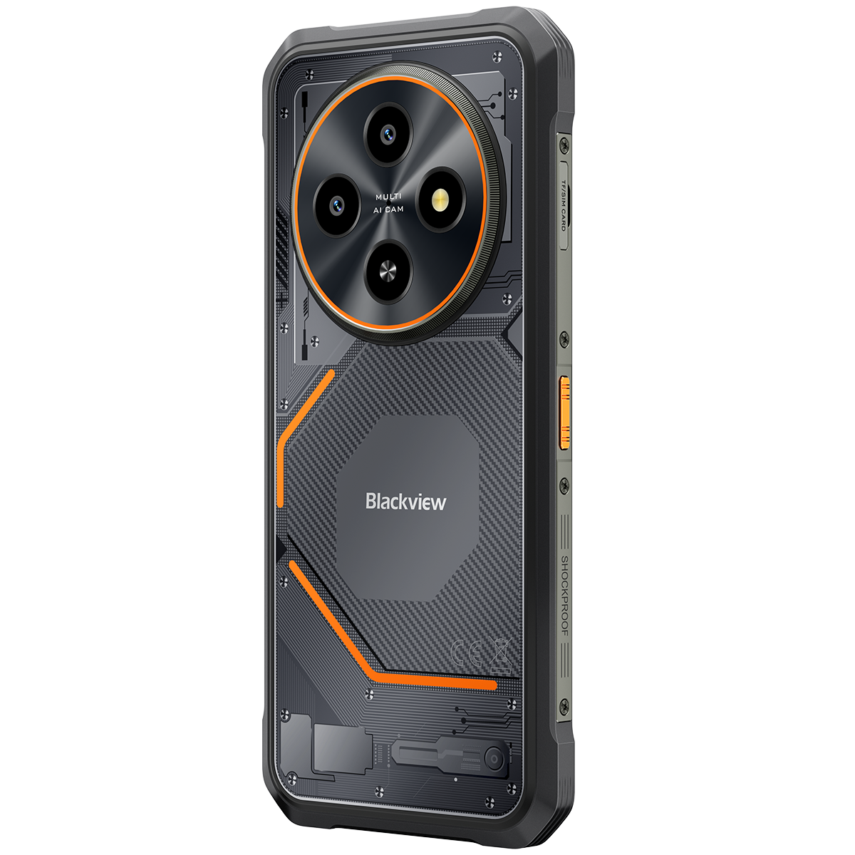 Uno smartphone robusto Blackview. Presenta una configurazione multi-camera, dettagli arancioni e un design in fibra di carbonio. Il telefono è antiurto.
