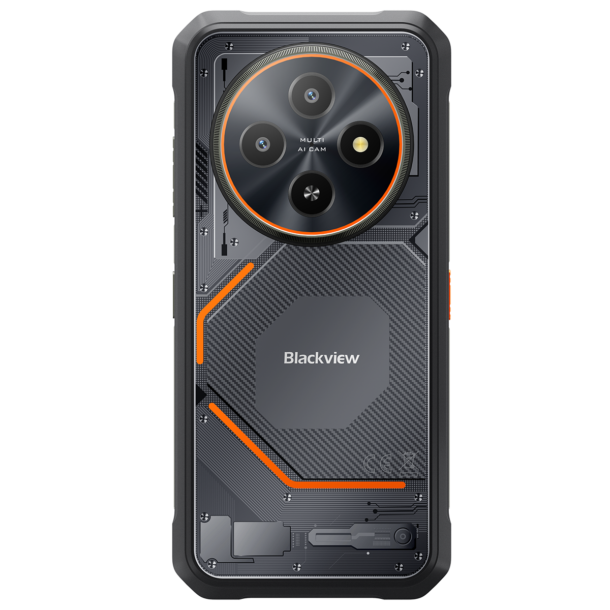 Parte trasera de teléfono Blackview. Diseño negro, gris y naranja. Cuenta con cámara multi IA. Textura de fibra de carbono y elementos de placa de circuito.