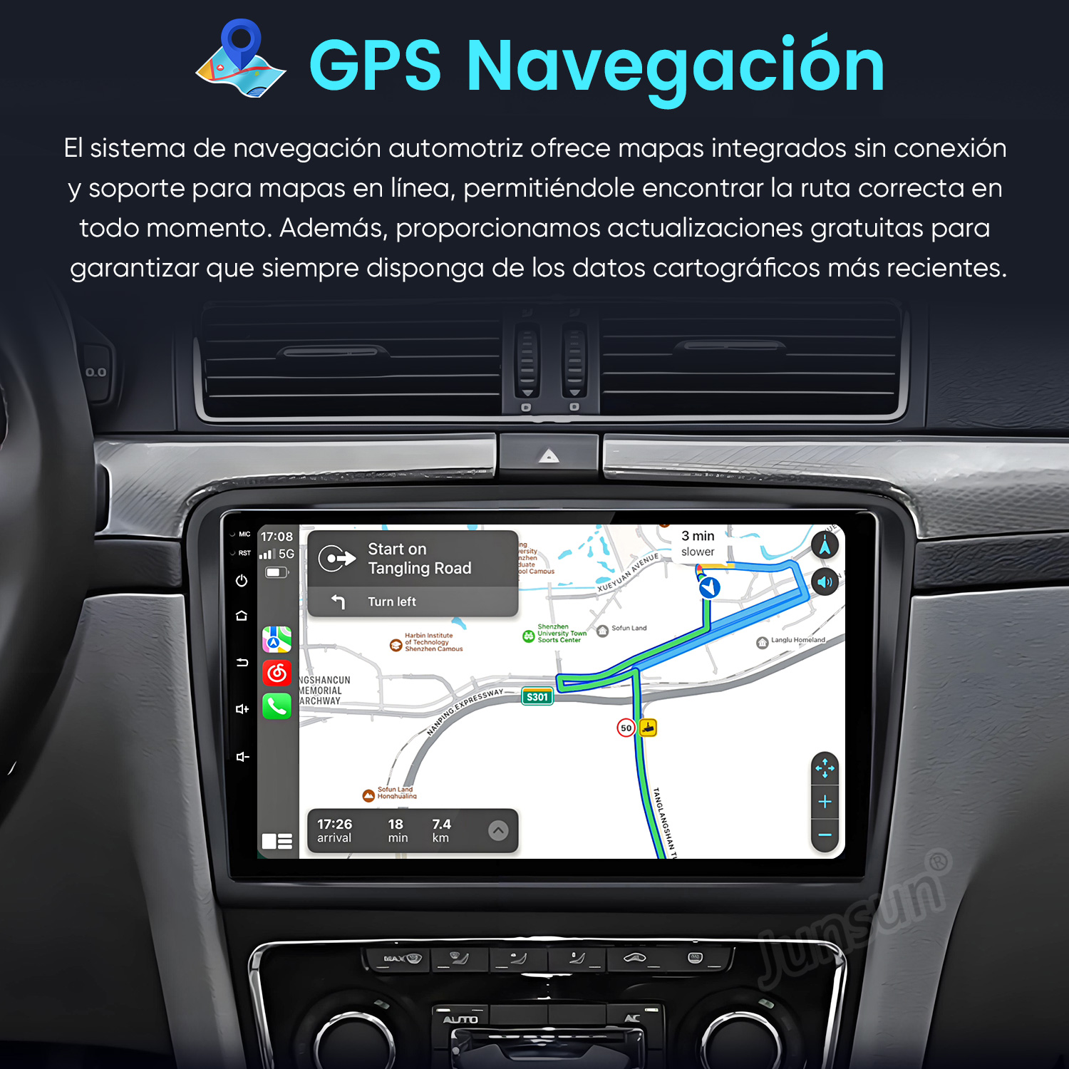 Panel del coche que muestra un sistema de navegación GPS con un mapa y guía de ruta, con un texto en español.