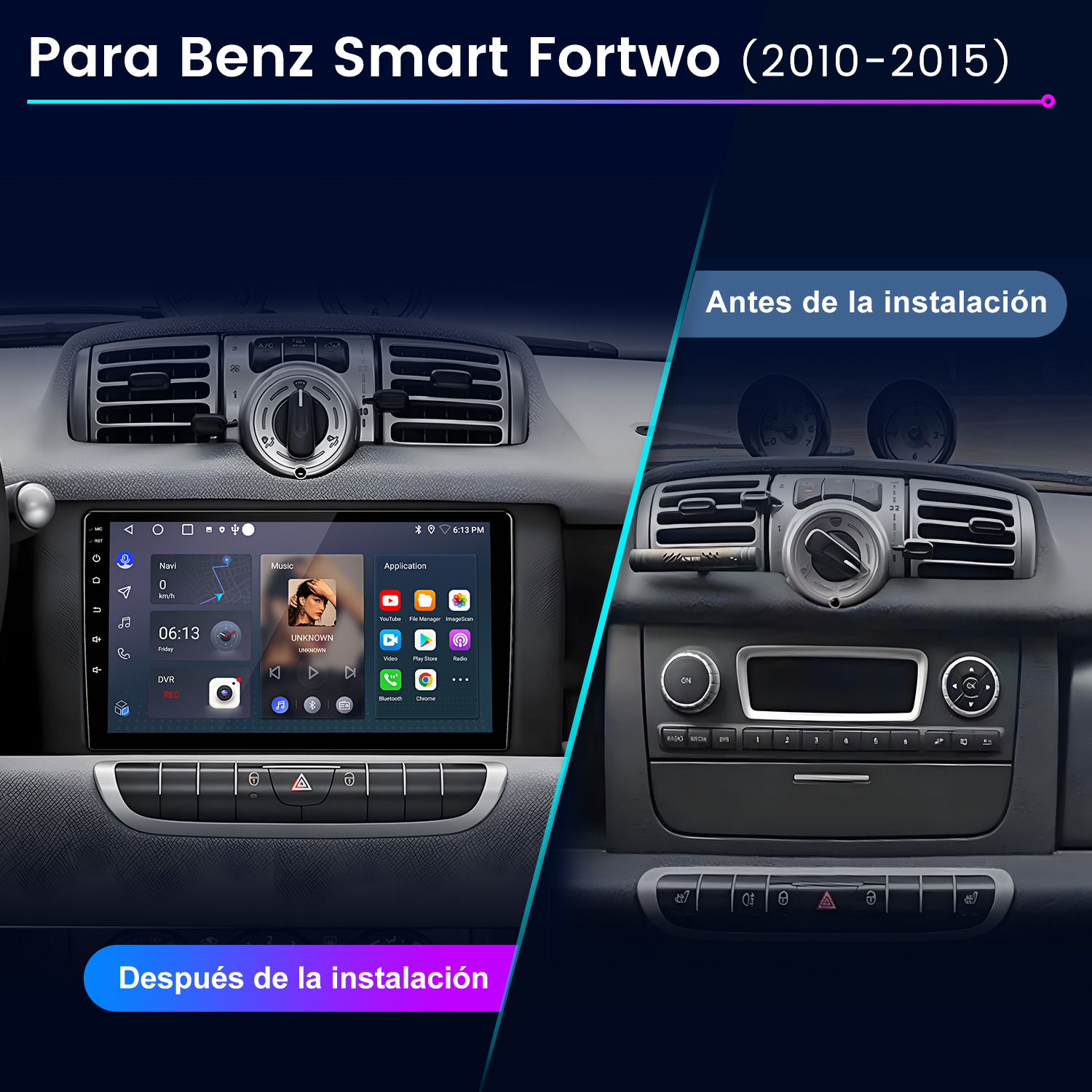 Comparación del salpicadero del coche: antes y después de la instalación de la radio. Muestra la radio antigua y el nuevo sistema multimedia.