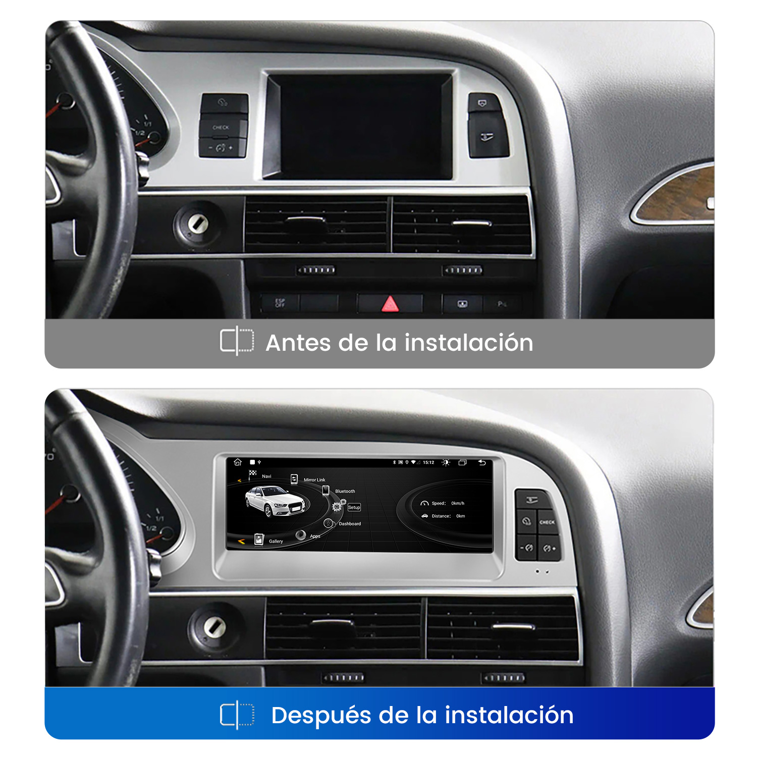 Comparación del tablero del automóvil antes y después de la instalación. Arriba: pantalla original. Abajo: nueva pantalla con icono de coche y opciones.