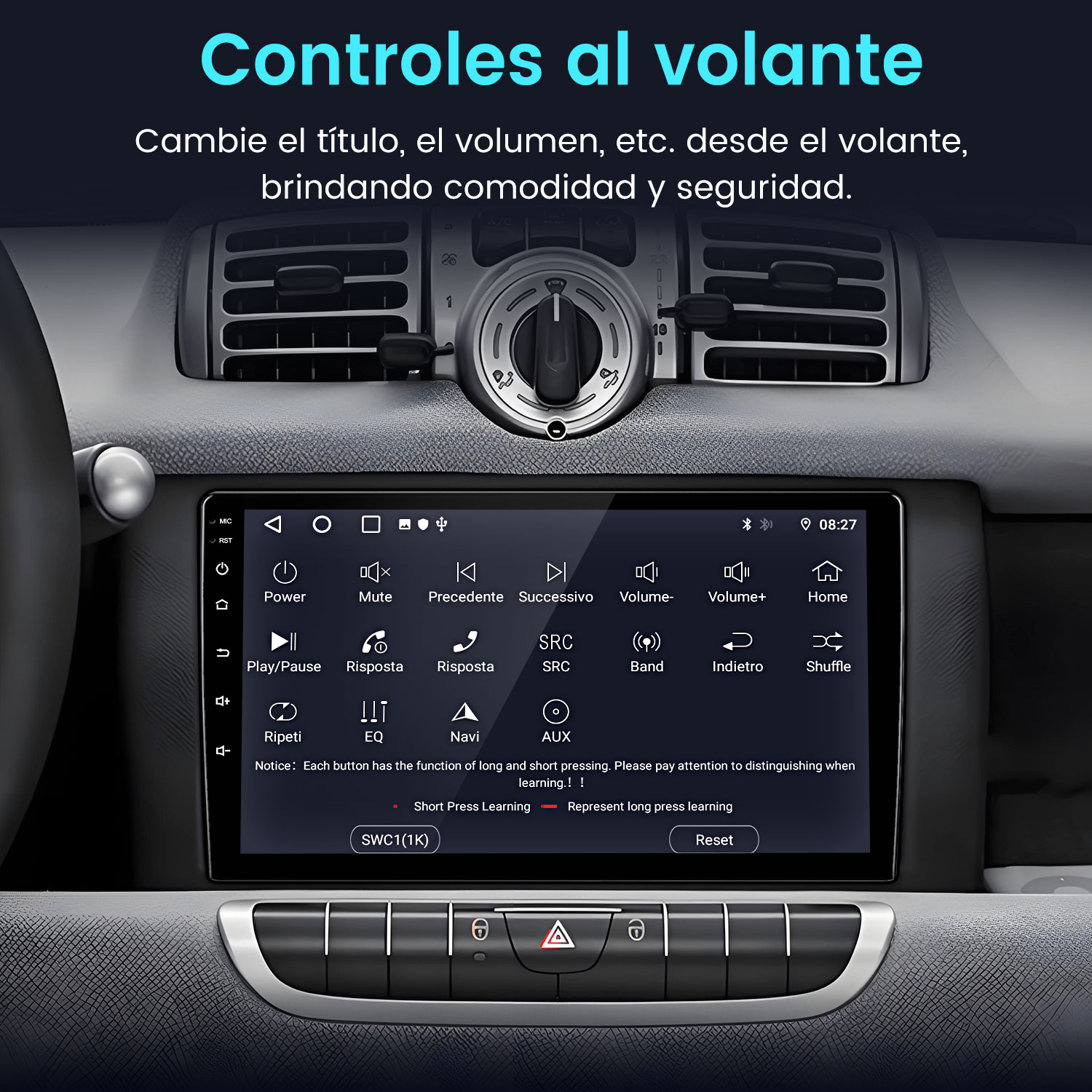 Pantalla del salpicadero del coche que muestra controles, botones y pantalla. Texto en español, con iconos de encendido, volumen y navegación.