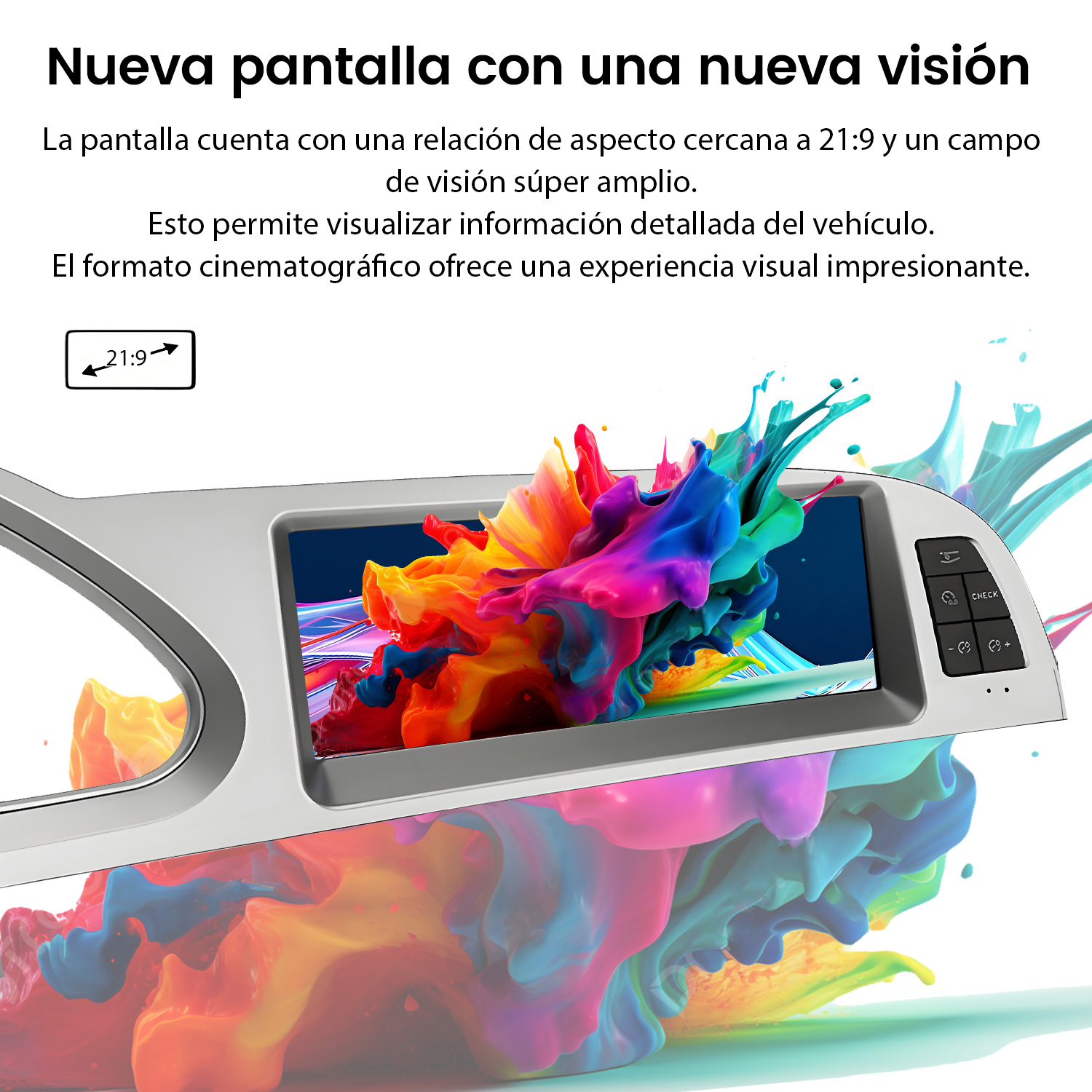 Panel del coche mostrando una pantalla con salpicaduras de pintura coloridas. Botones a un lado. Texto dice 'nueva visión'.