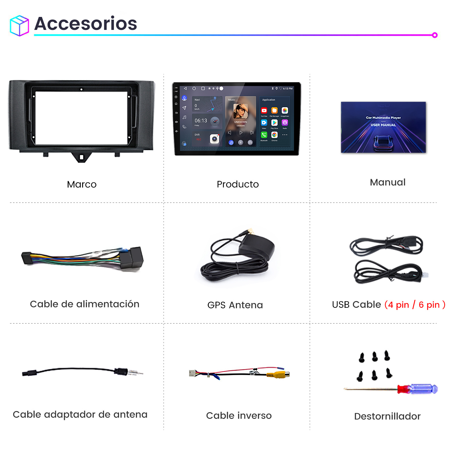 La imagen muestra accesorios para automóviles: un marco, un reproductor multimedia, un manual, cables, una antena y un destornillador.