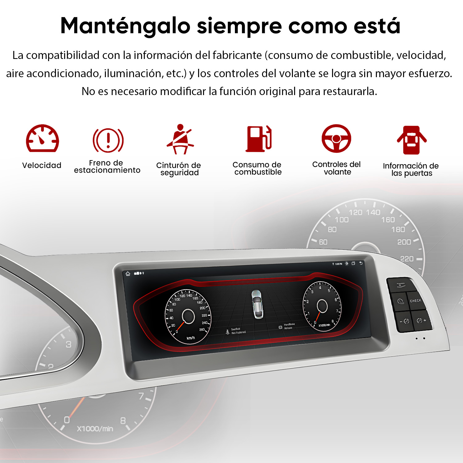 Panel del automóvil que muestra la velocidad, el combustible y otros indicadores. Pantalla muestra información del coche.