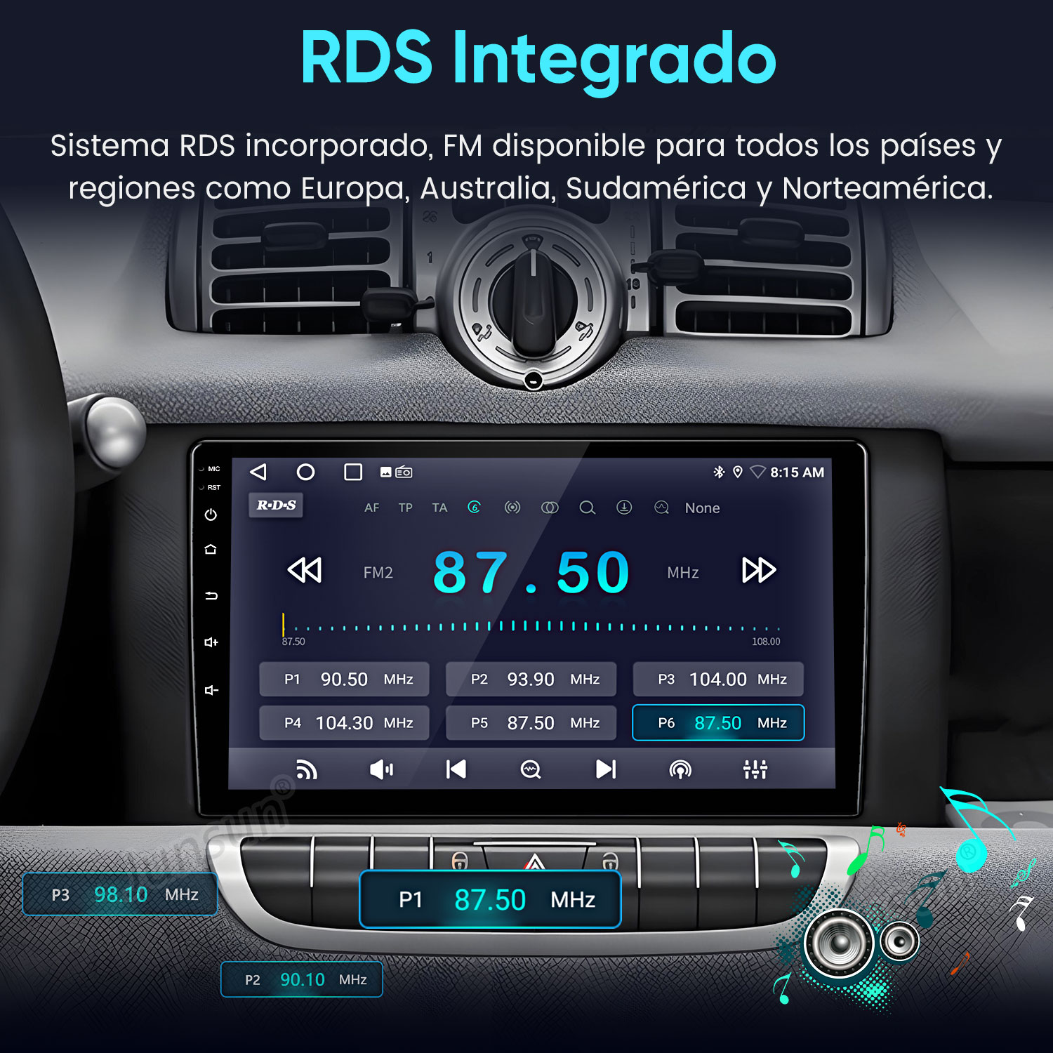 Pantalla de radio de coche mostrando la frecuencia FM 87.50 MHz, logotipo RDS y otras configuraciones. El fondo muestra detalles del salpicadero.