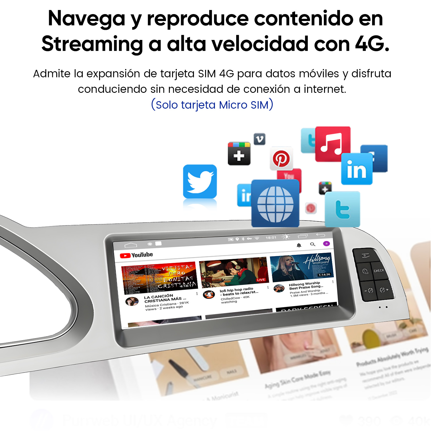 Pantalla multimedia de coche con YouTube. Iconos de redes sociales rodean la pantalla. Texto: 'Streaming a alta velocidad con 4G'.