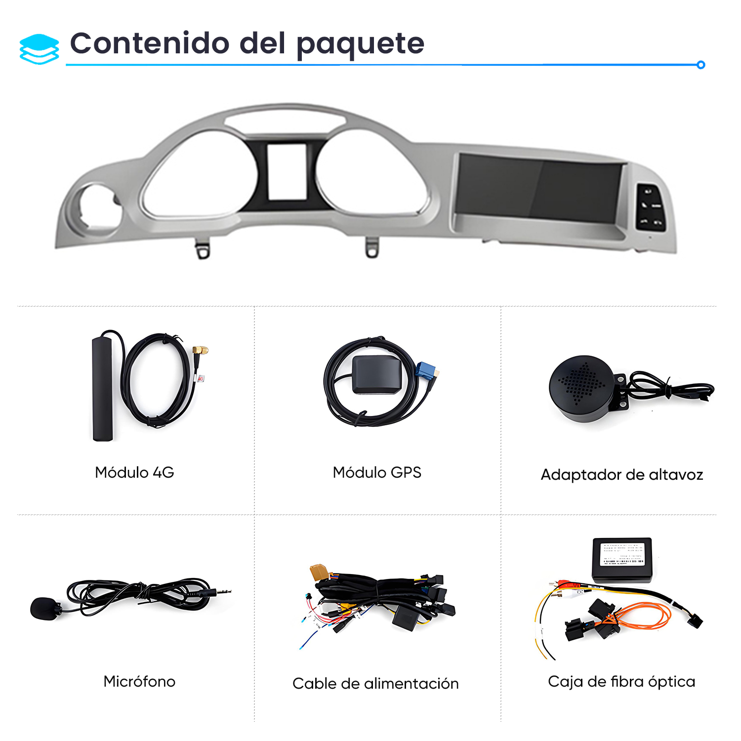 La imagen muestra componentes de audio para automóvil: marco del tablero, módulo 4G, módulo GPS, adaptador de altavoz, micrófono, cable de alimentación y caja de fibra óptica.