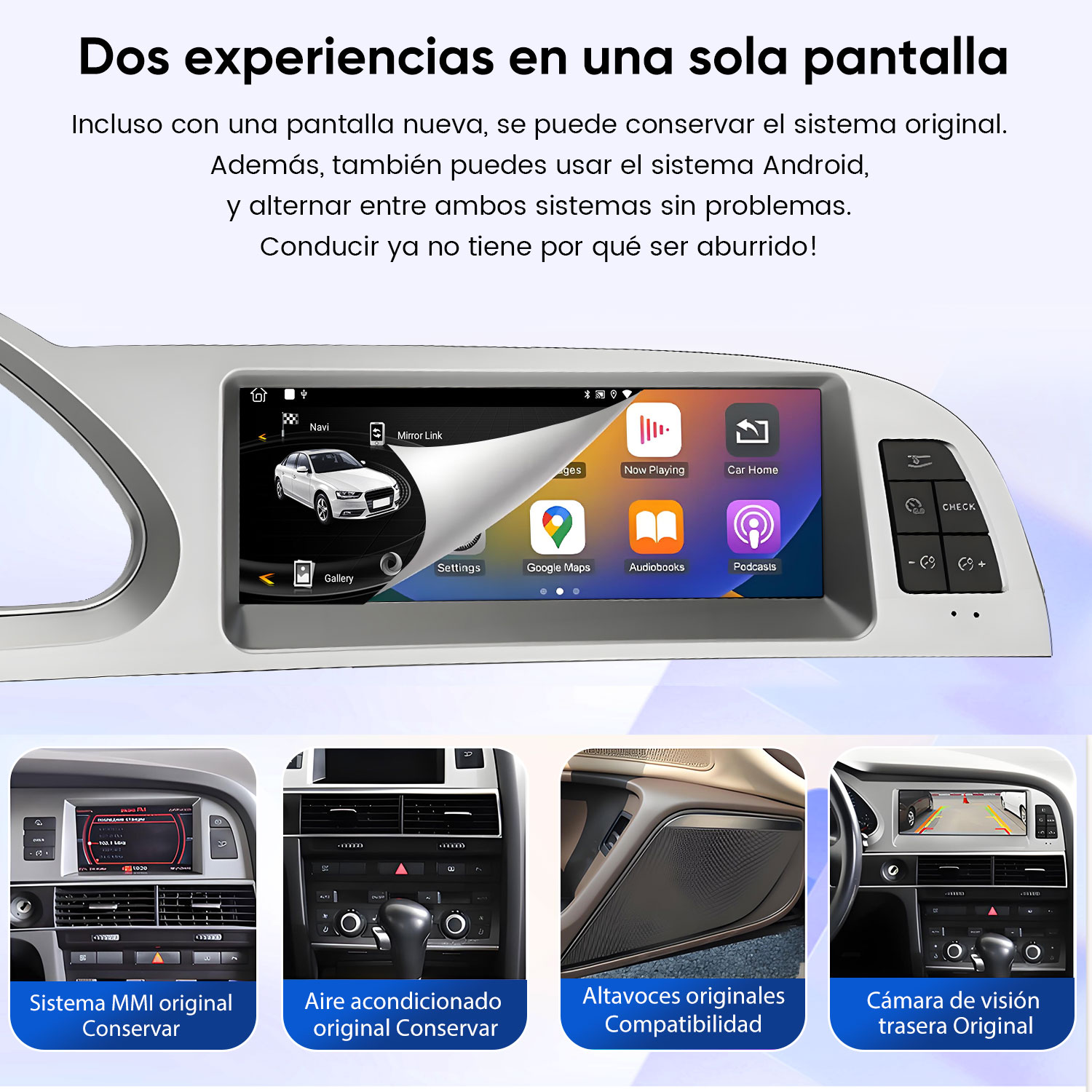 Panel de control del coche mostrando la interfaz de Android, con iconos y una imagen de coche blanco. Abajo, cuatro primeros planos interiores.