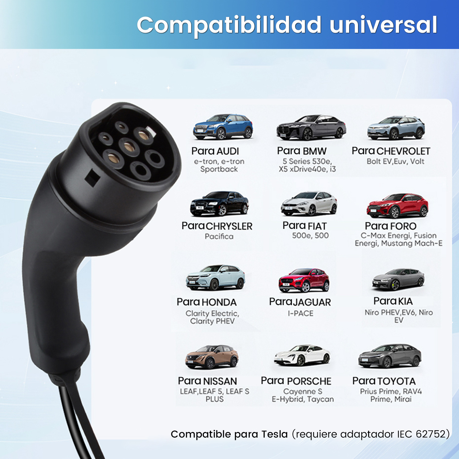 Imagen muestra conector de carga de coche eléctrico con modelos de coches, indicando compatibilidad universal.
