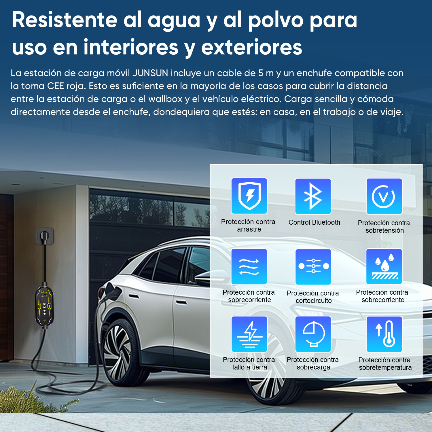 Un coche eléctrico se está cargando. Se muestra una estación de carga con varios iconos de seguridad.