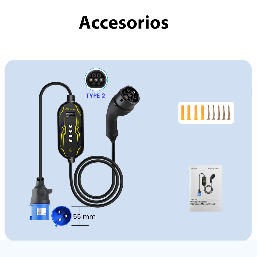 Un cargador de vehículo eléctrico con conector Tipo 2, estación de carga y tornillos se muestran sobre un fondo azul. El texto 'Accesorios' es visible.