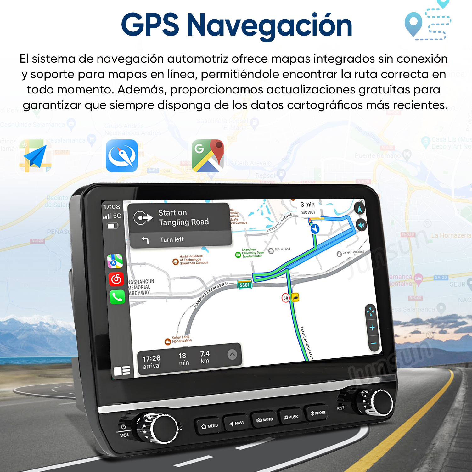 La pantalla de navegación del coche muestra un mapa con una ruta resaltada. Controles y botones visibles abajo.