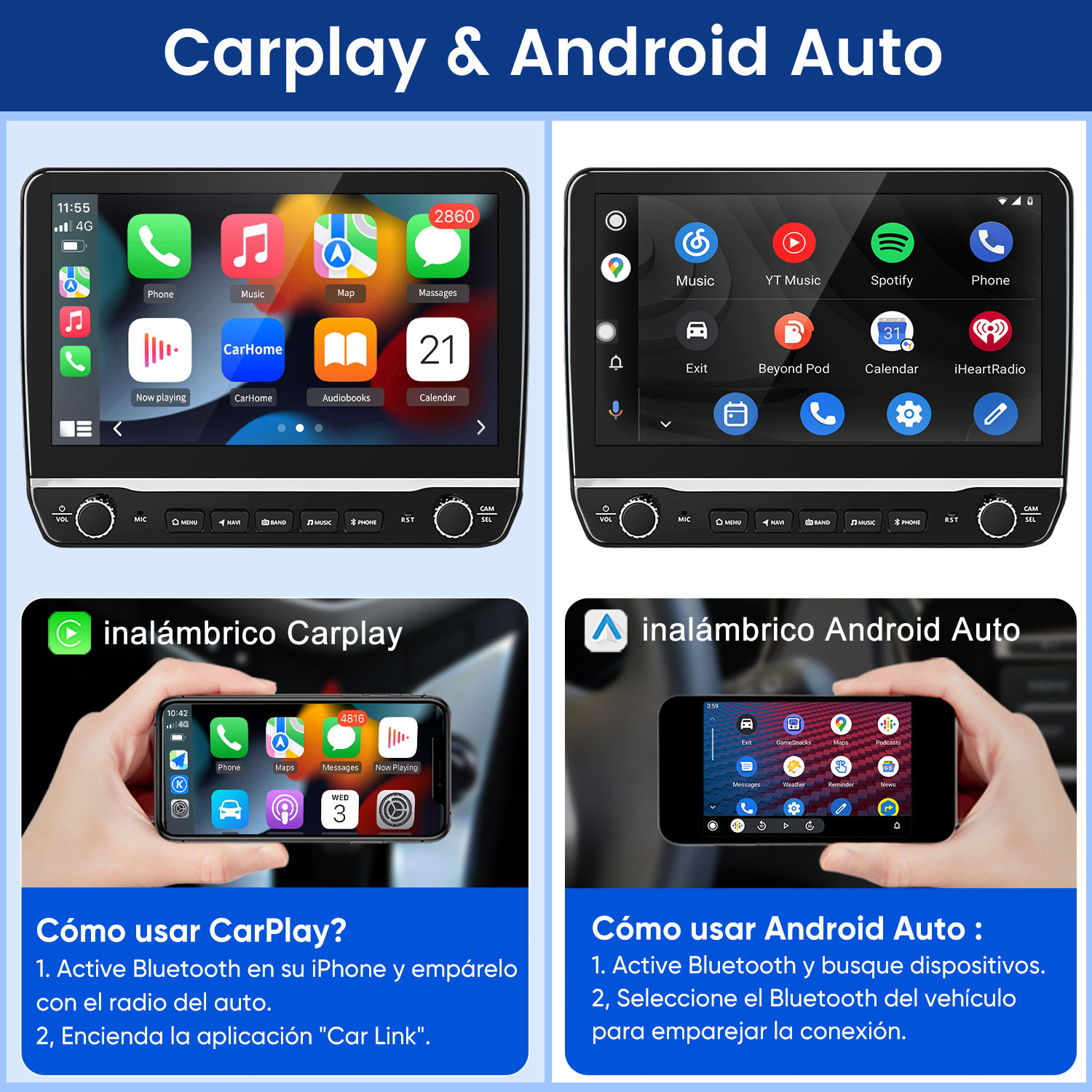 La imagen muestra interfaces CarPlay y Android Auto en pantallas de automóviles y teléfonos, con instrucciones.