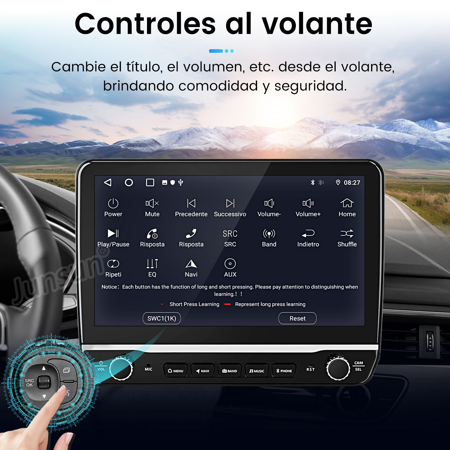 Pantalla de radio de coche con botones y fondo de montaña. La mano pulsa un botón del volante.