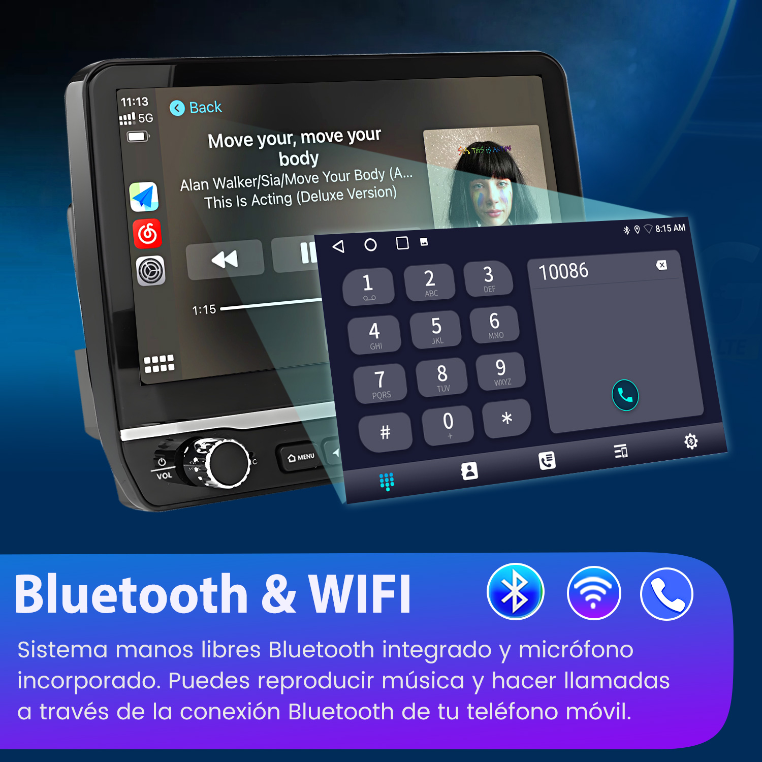 Sistema multimedia para automóvil que muestra música y un marcador telefónico. Cuenta con Bluetooth y WiFi. Muestra hora, señal e info de llamadas.