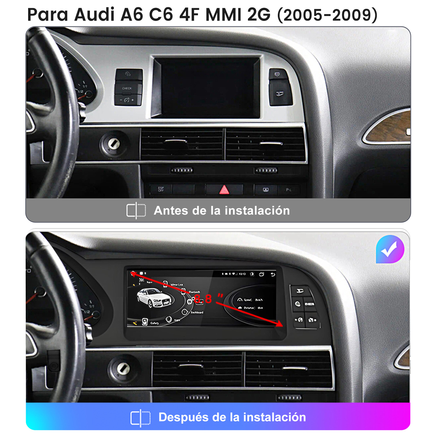 Comparación del salpicadero del coche antes y después de la instalación. Arriba: configuración original. Abajo: nueva pantalla con información del coche y marca de verificación.