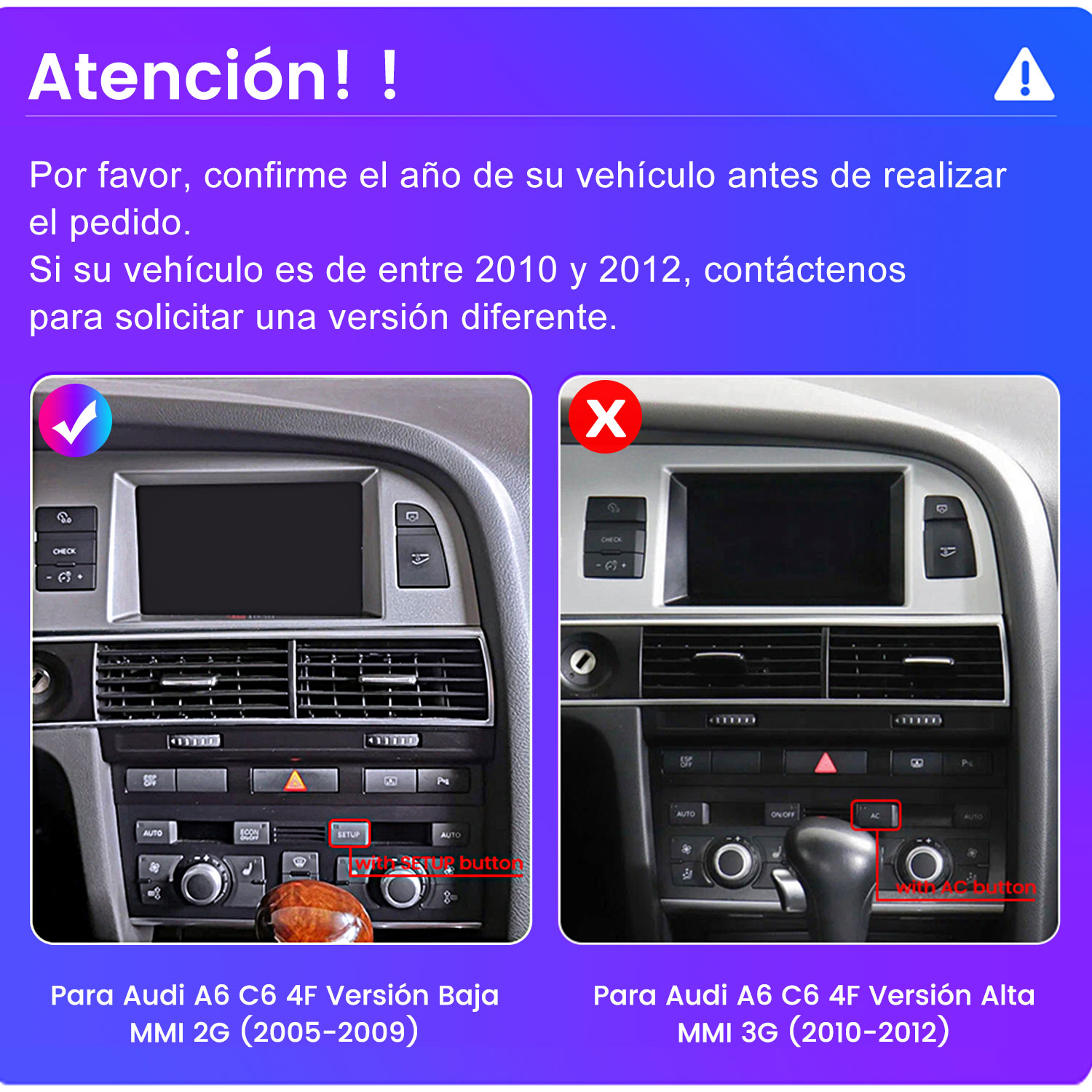 La imagen muestra dos tableros de automóviles. Uno tiene una marca de verificación, el otro una X. El texto aconseja verificar el año del automóvil.