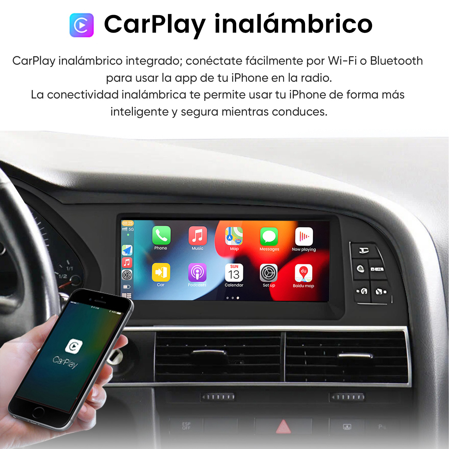 Una mano sosteniendo un iPhone con CarPlay. El tablero del coche muestra la interfaz CarPlay y texto sobre CarPlay inalámbrico.